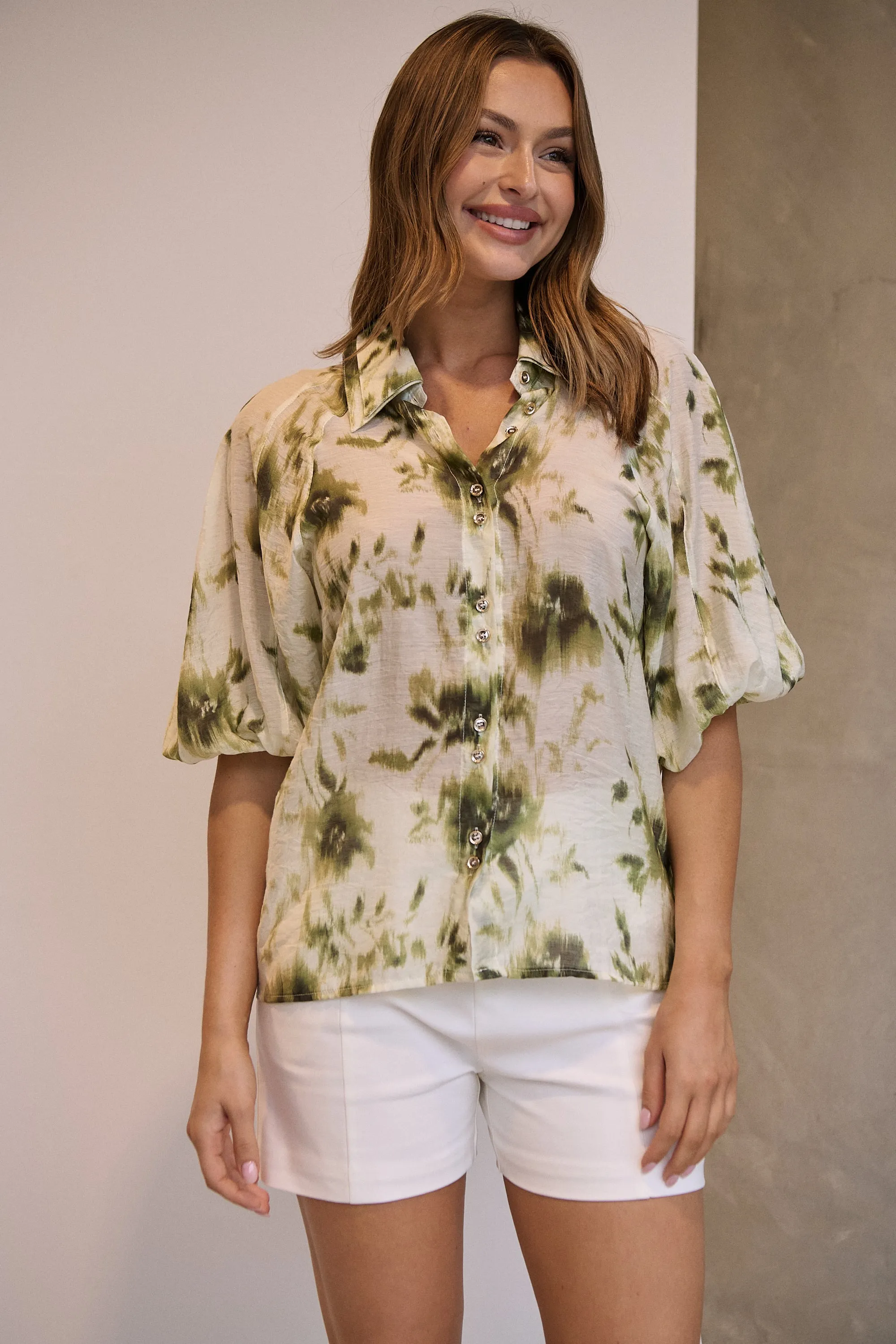 Frida Puff Sleeve Sage/Forrest Green Print Blouse