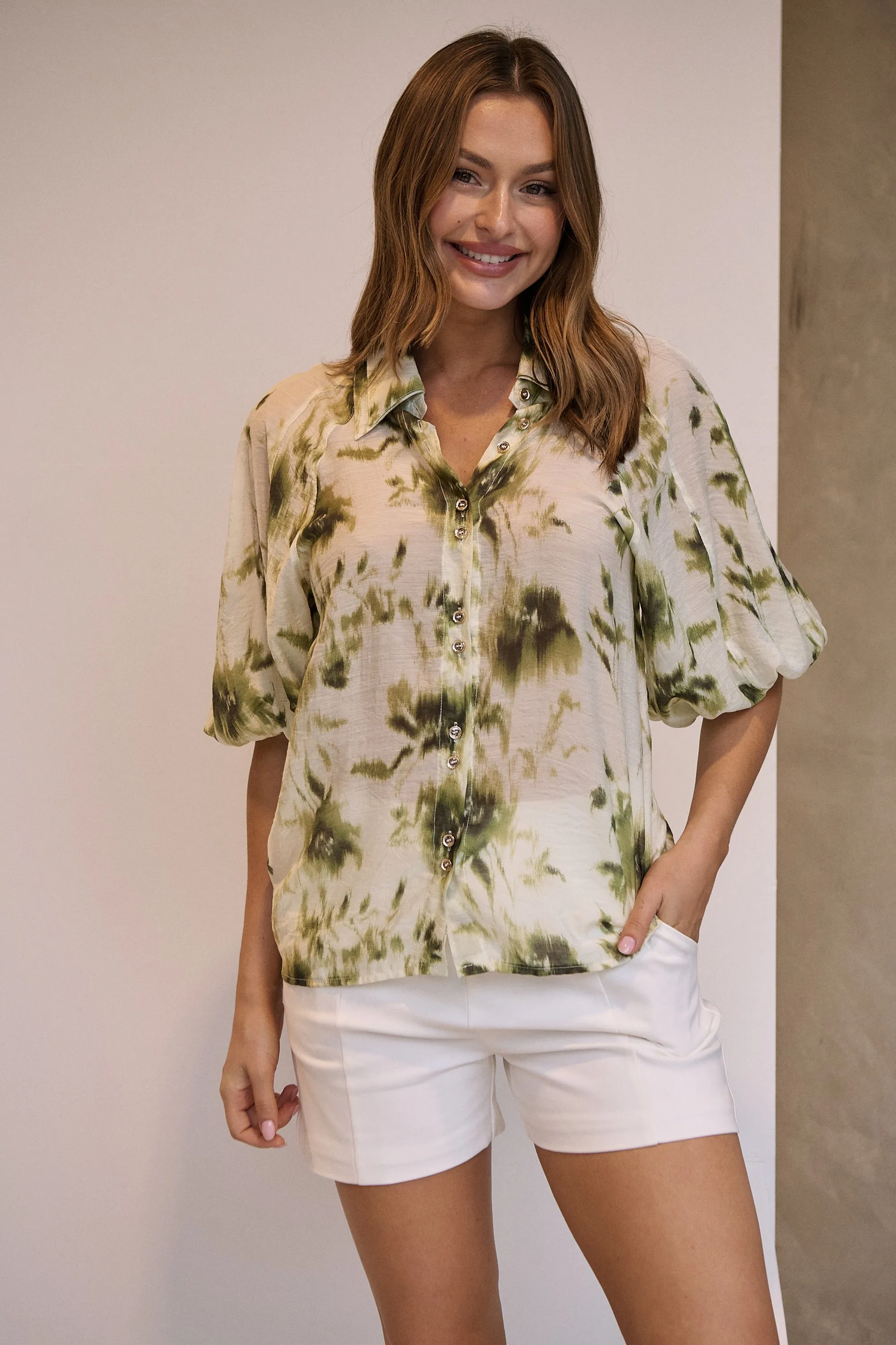 Frida Puff Sleeve Sage/Forrest Green Print Blouse
