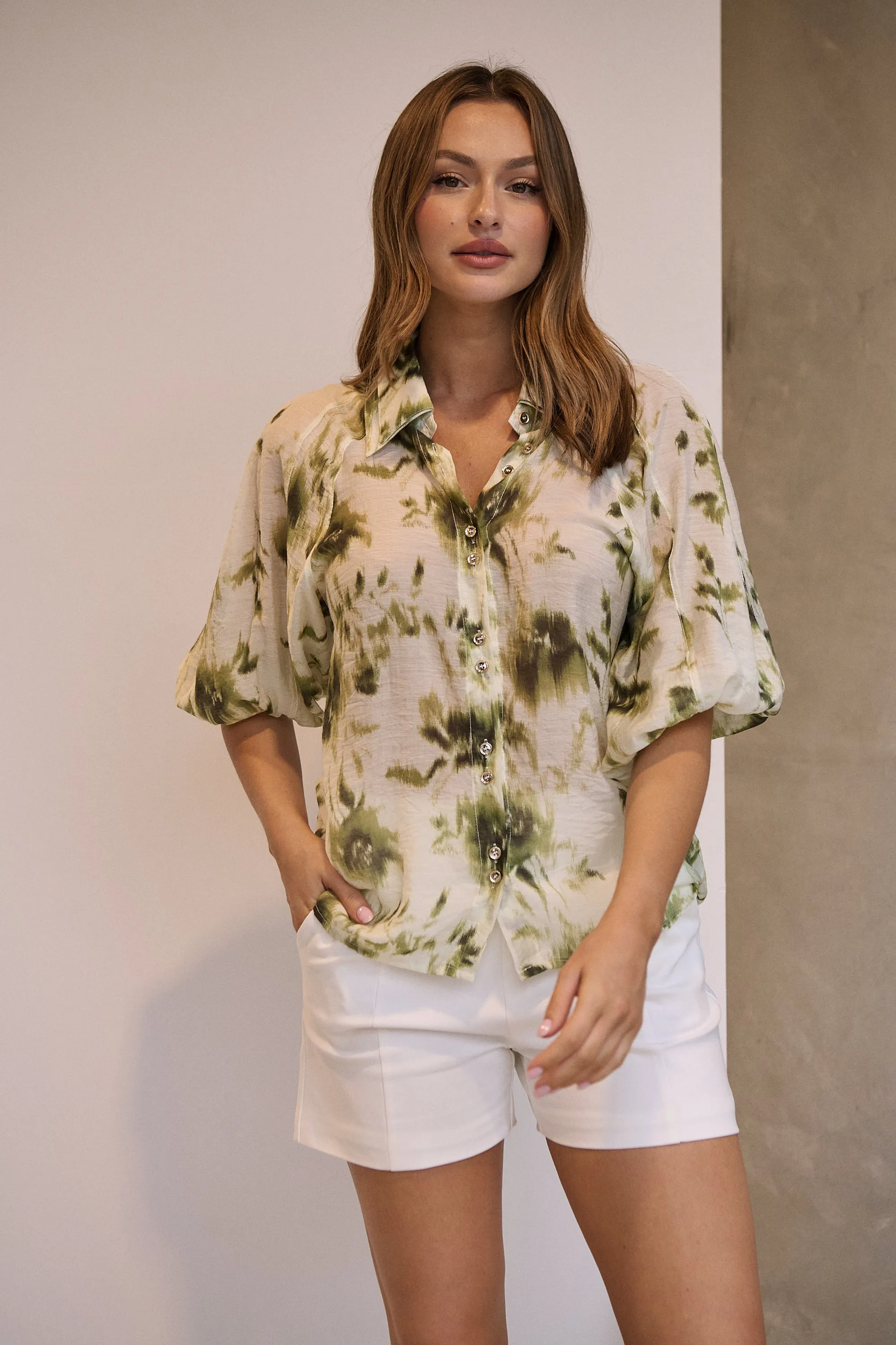 Frida Puff Sleeve Sage/Forrest Green Print Blouse