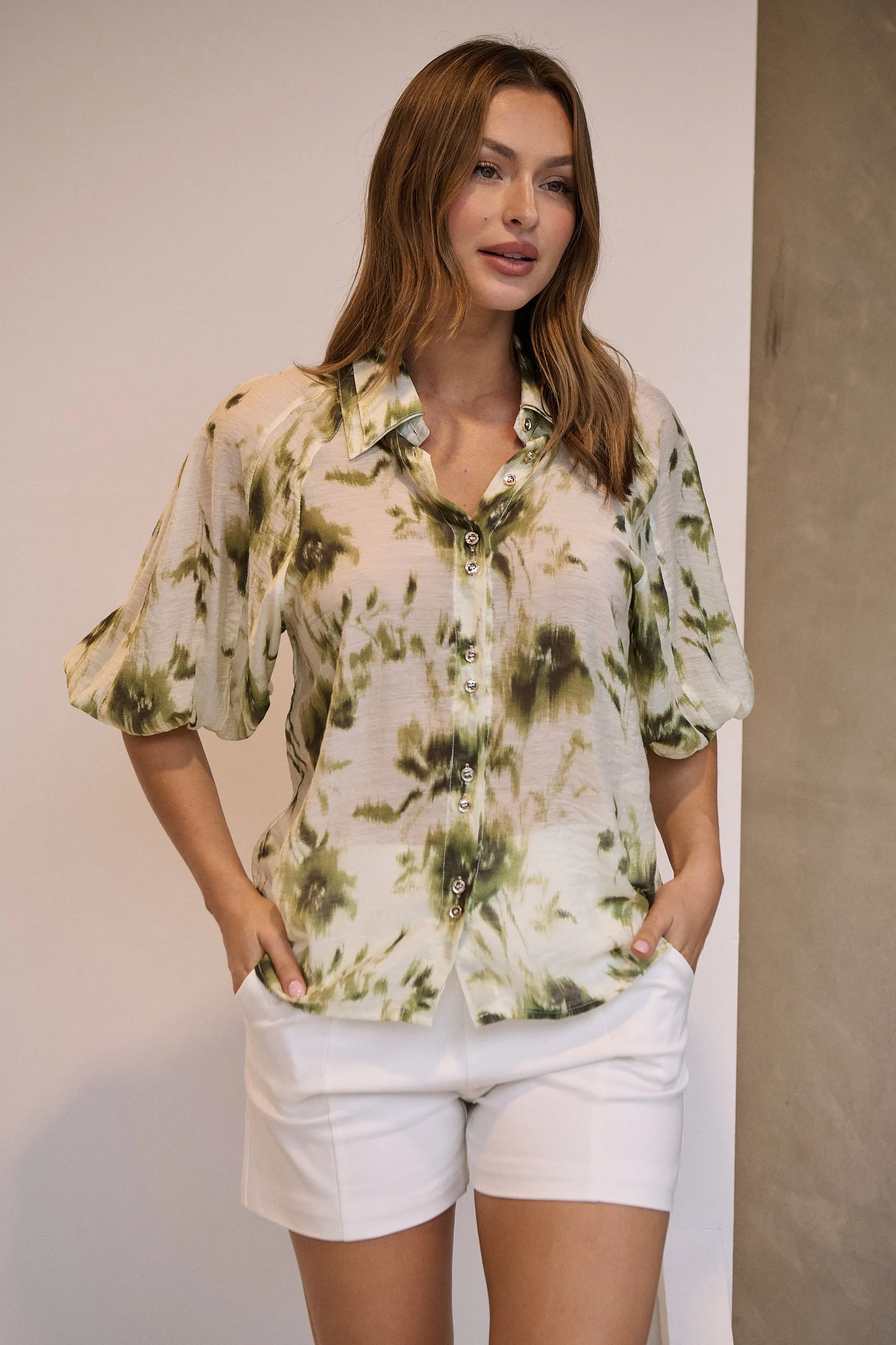 Frida Puff Sleeve Sage/Forrest Green Print Blouse