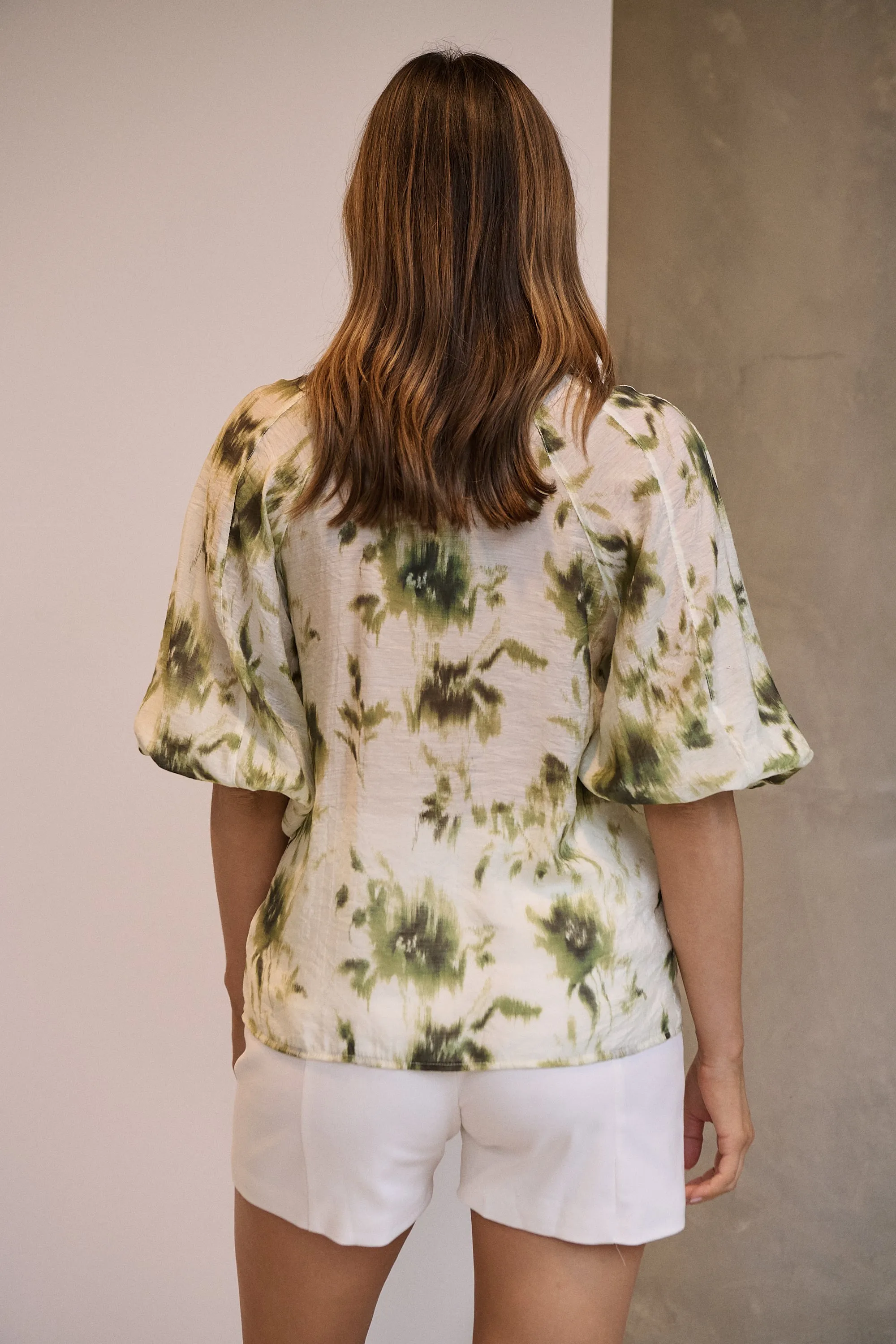 Frida Puff Sleeve Sage/Forrest Green Print Blouse