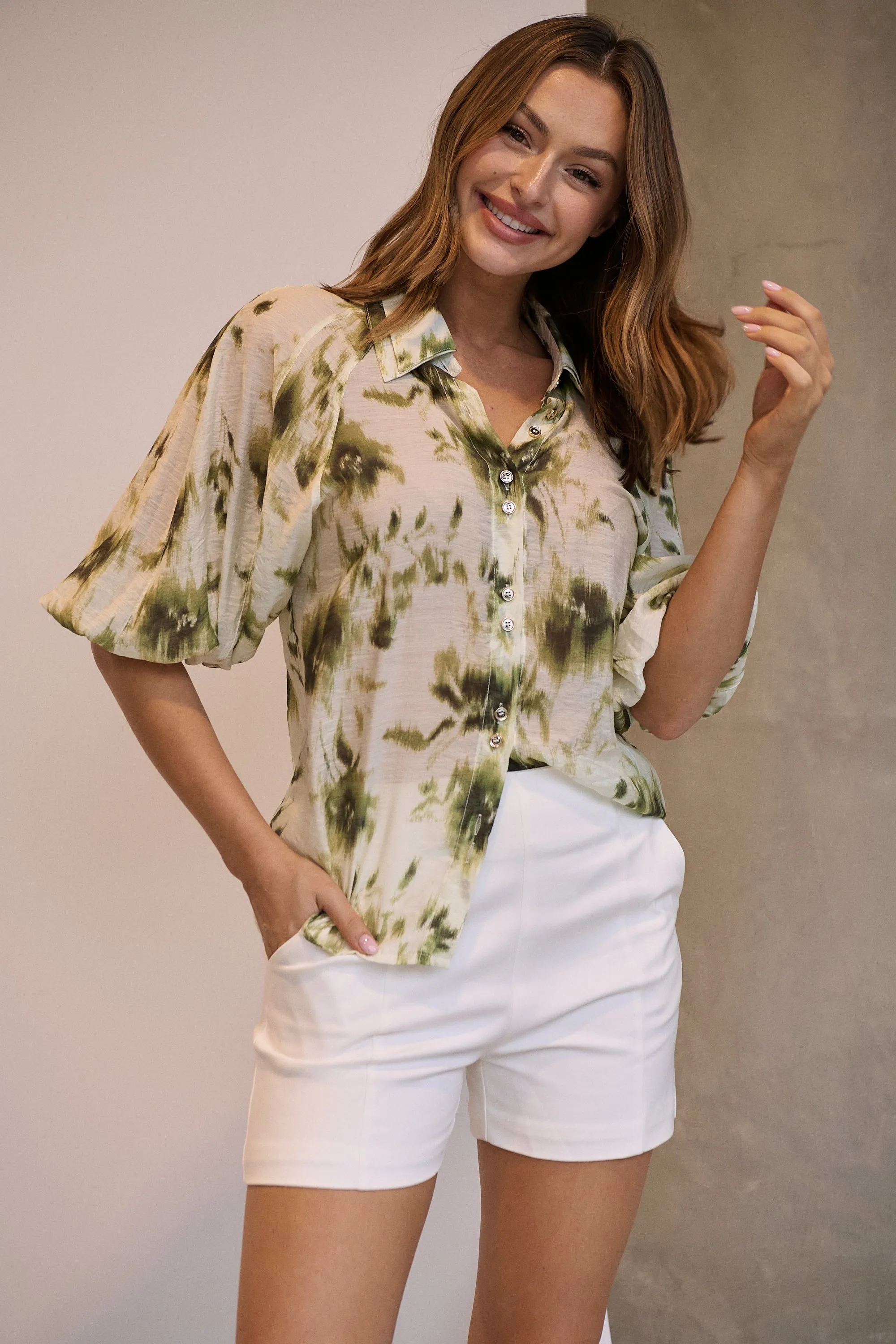 Frida Puff Sleeve Sage/Forrest Green Print Blouse