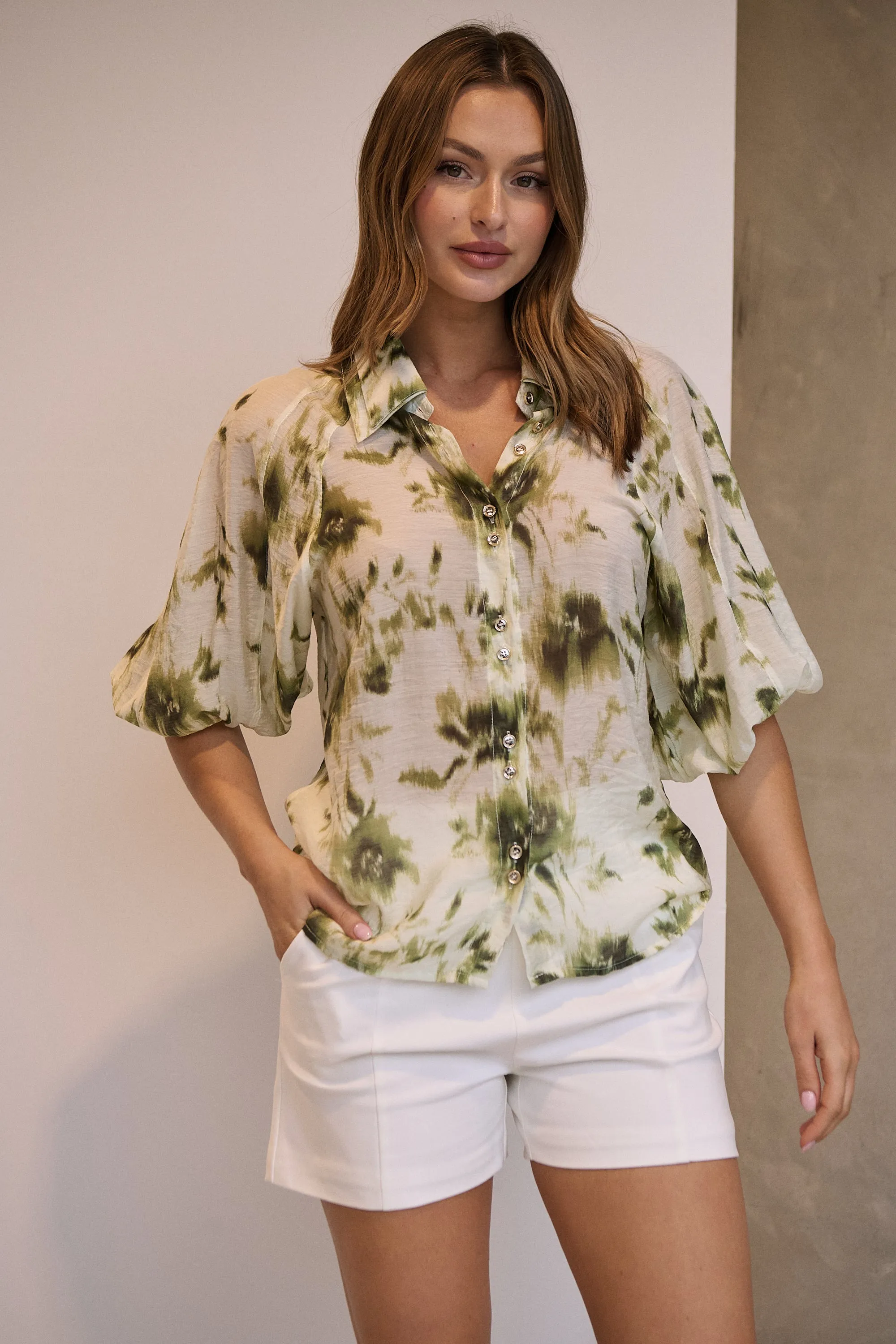 Frida Puff Sleeve Sage/Forrest Green Print Blouse