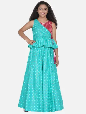 Girls Green & Pink Printed Khari Print Ready To Wear Lehenga & Choli