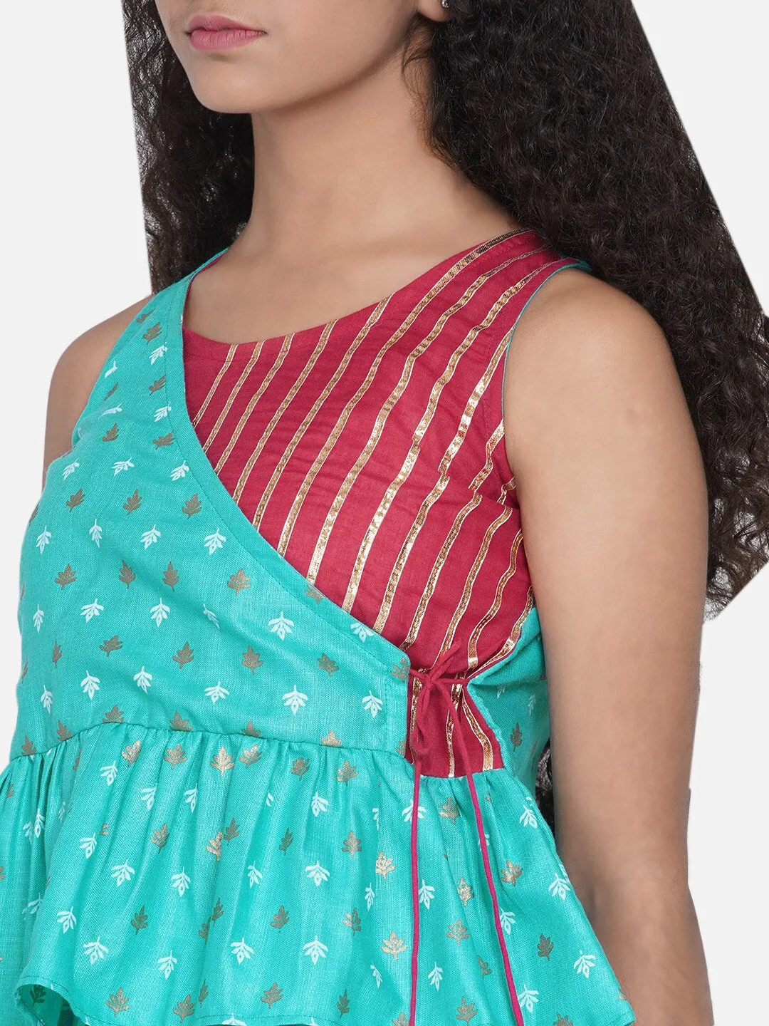 Girls Green & Pink Printed Khari Print Ready To Wear Lehenga & Choli