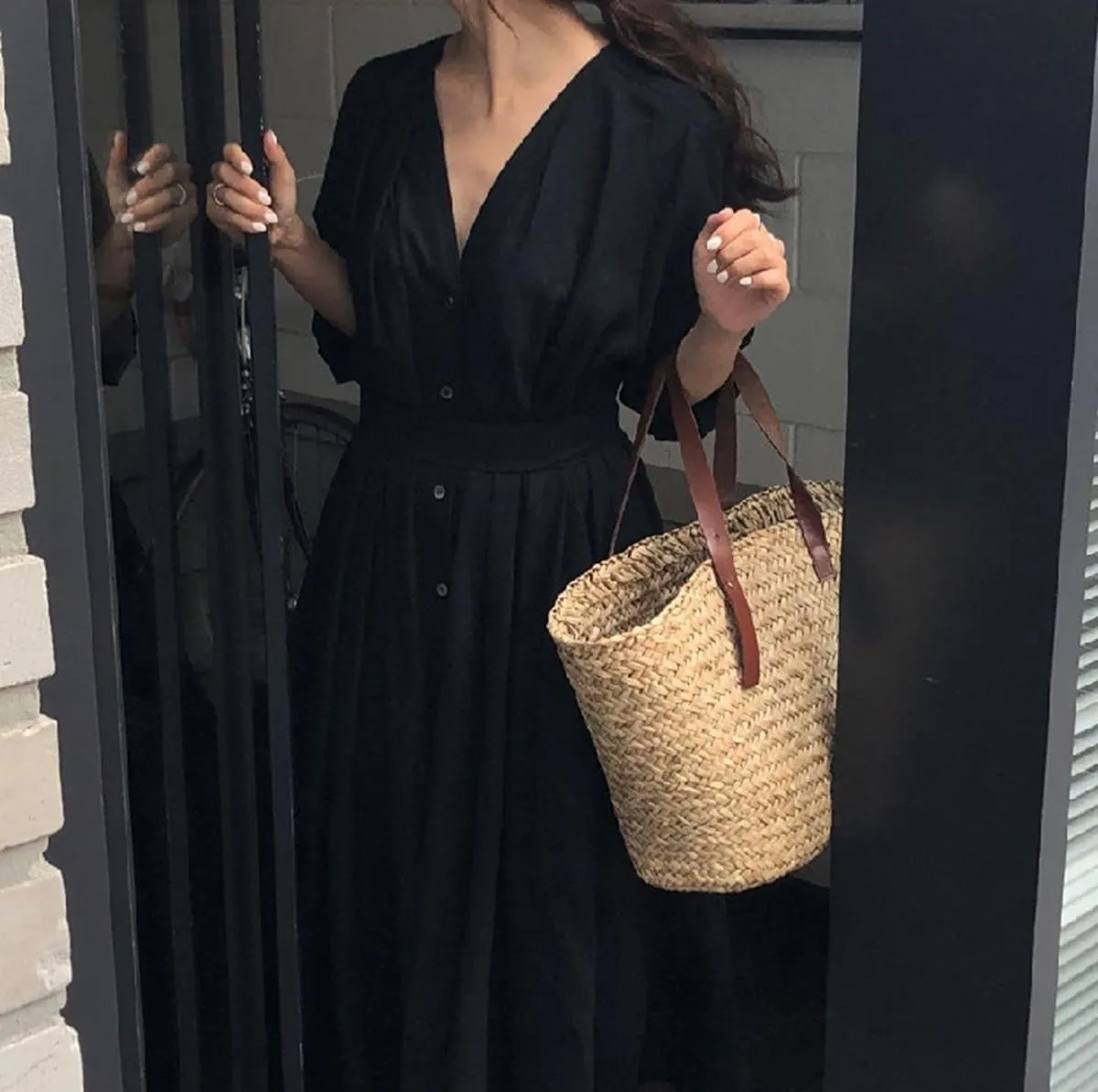 GK-O Linen Cotton Dress V-Neck Long Belt Button Loose Casual White Black Fairy Beach