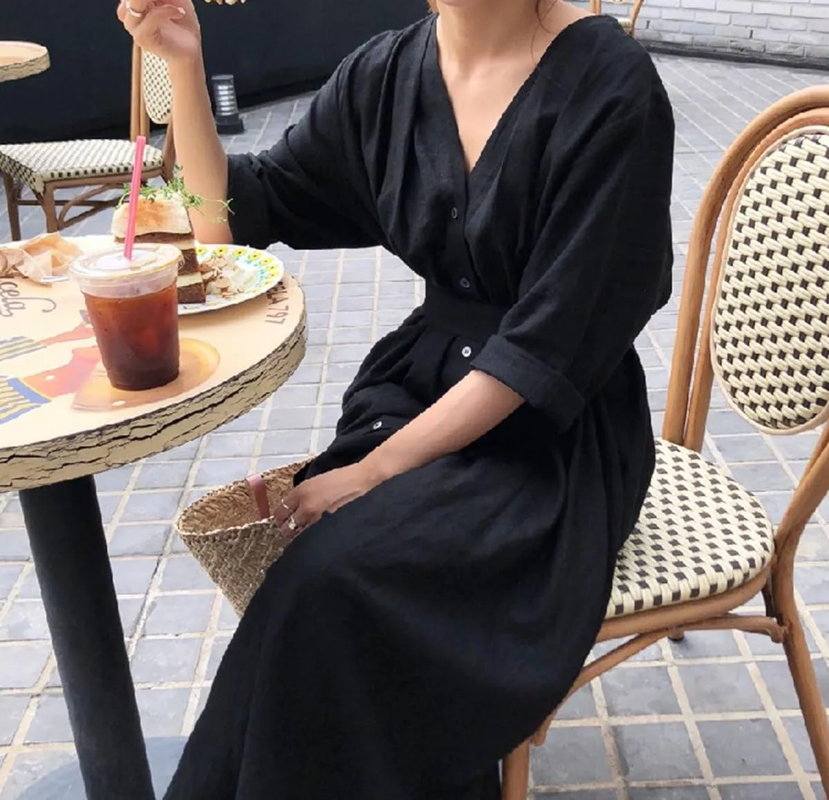 GK-O Linen Cotton Dress V-Neck Long Belt Button Loose Casual White Black Fairy Beach