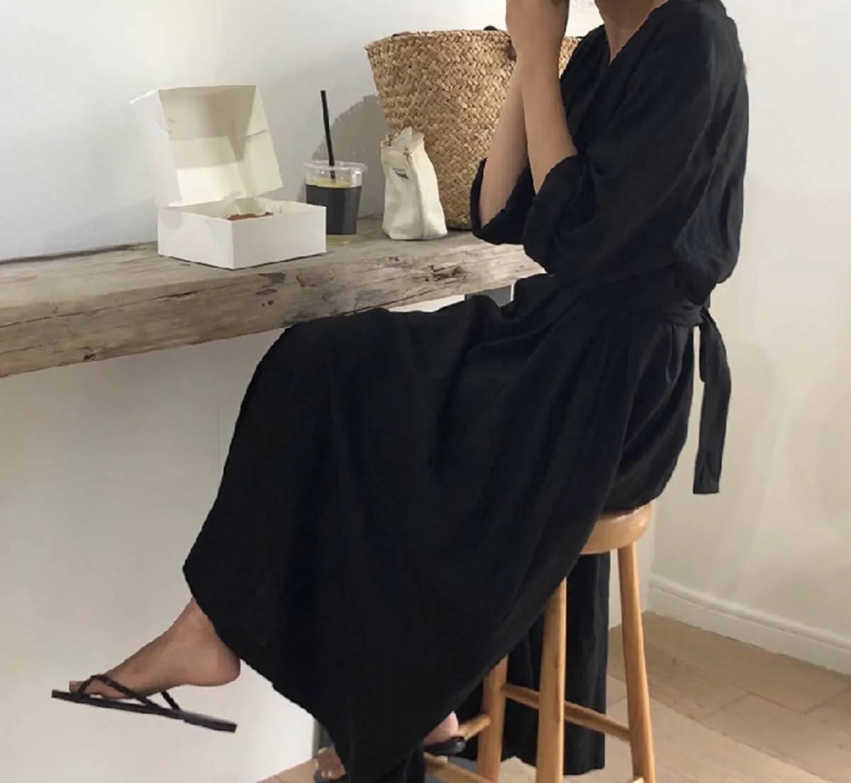 GK-O Linen Cotton Dress V-Neck Long Belt Button Loose Casual White Black Fairy Beach