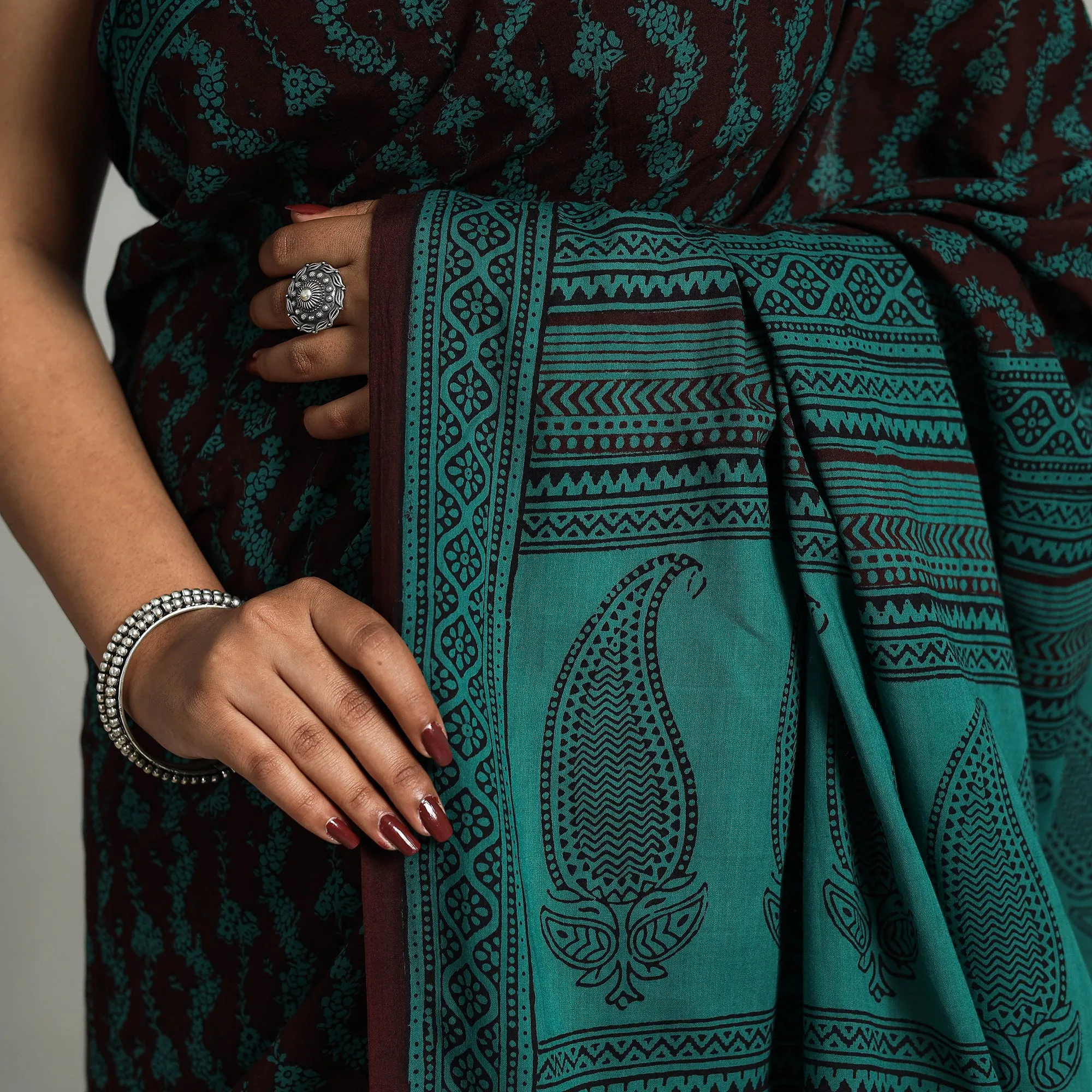 Green - Natural Dyed Bagh Print Cotton Saree with Blouse Piece 16