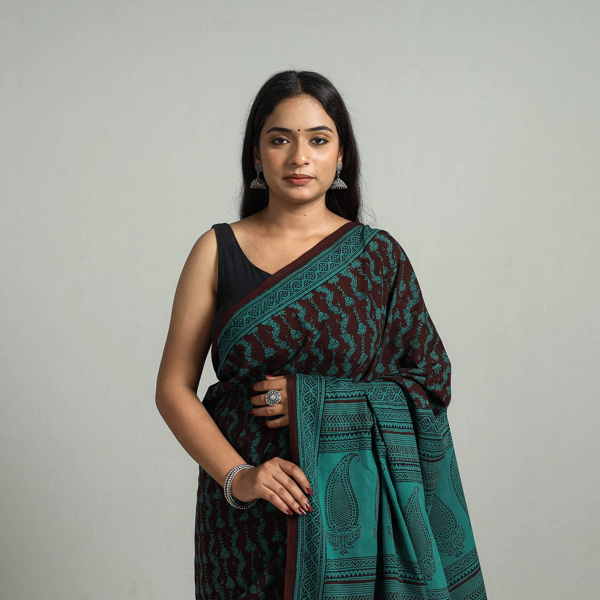 Green - Natural Dyed Bagh Print Cotton Saree with Blouse Piece 16