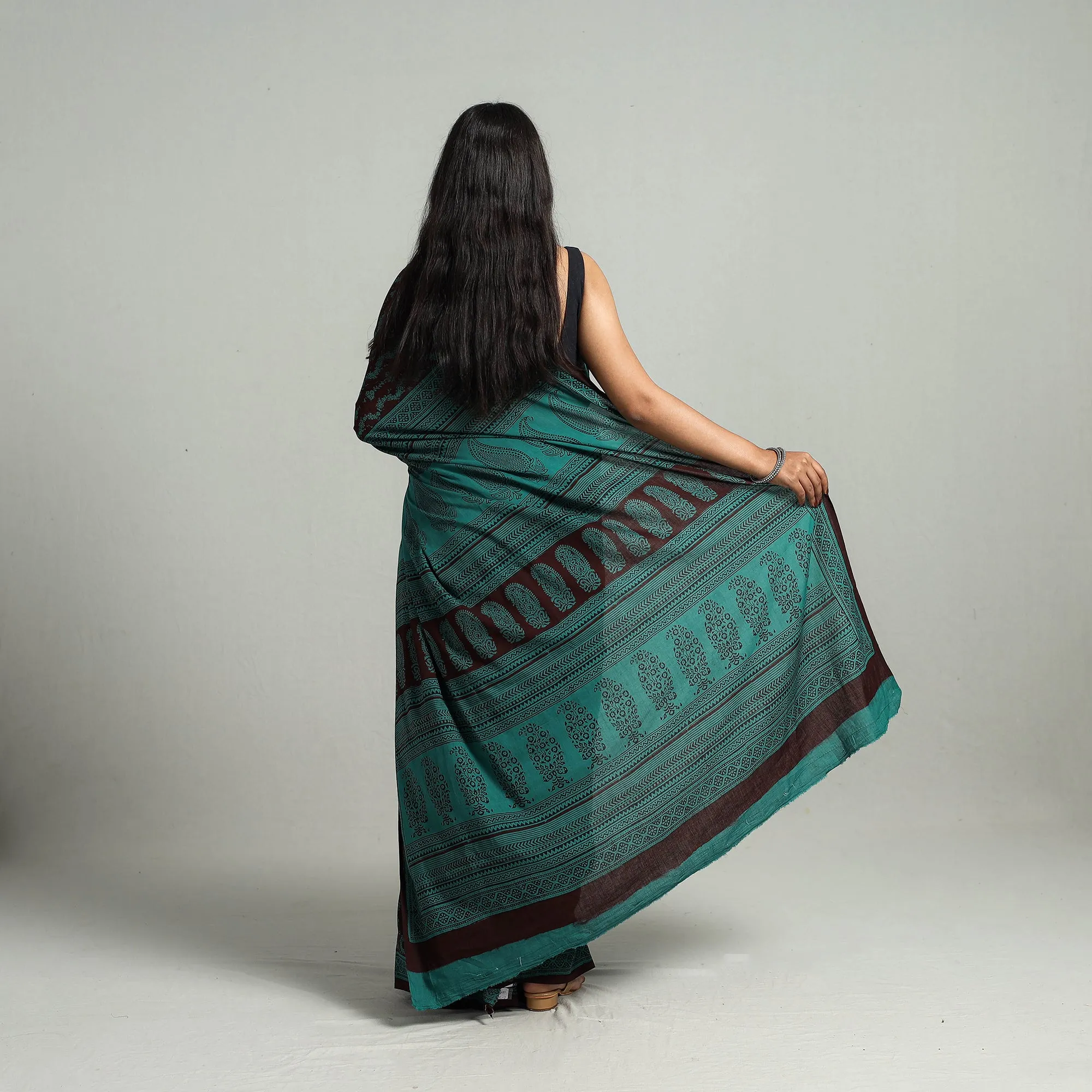 Green - Natural Dyed Bagh Print Cotton Saree with Blouse Piece 16