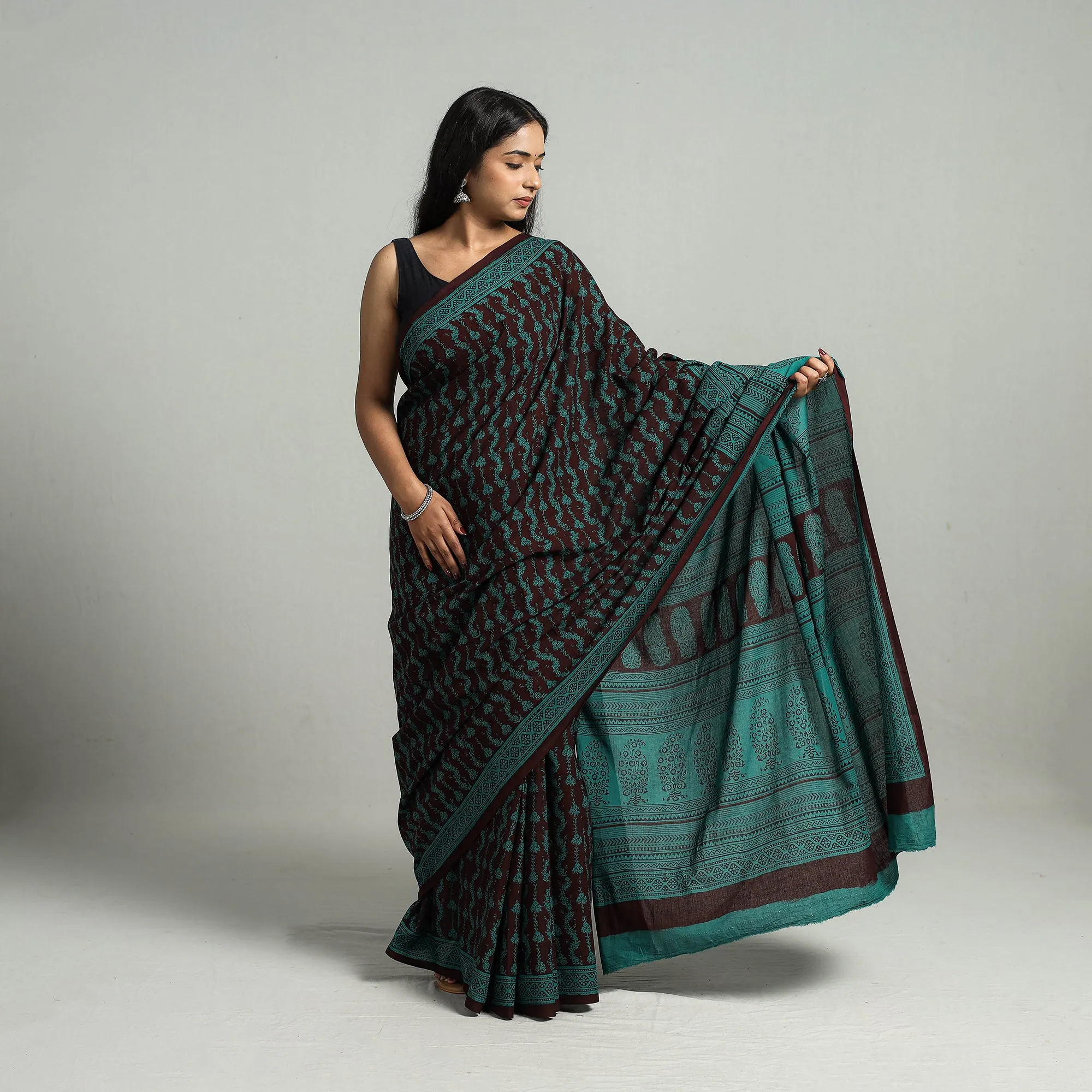 Green - Natural Dyed Bagh Print Cotton Saree with Blouse Piece 16