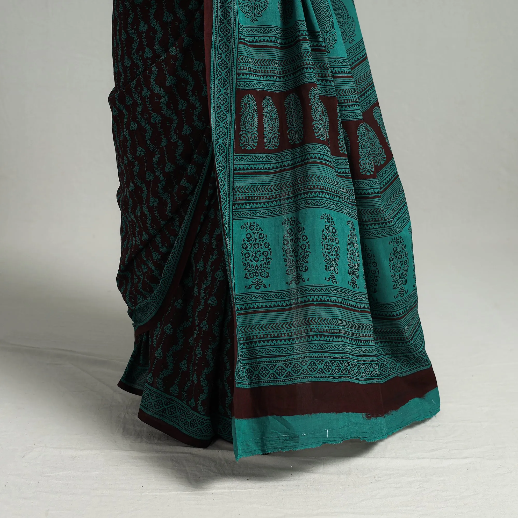 Green - Natural Dyed Bagh Print Cotton Saree with Blouse Piece 16