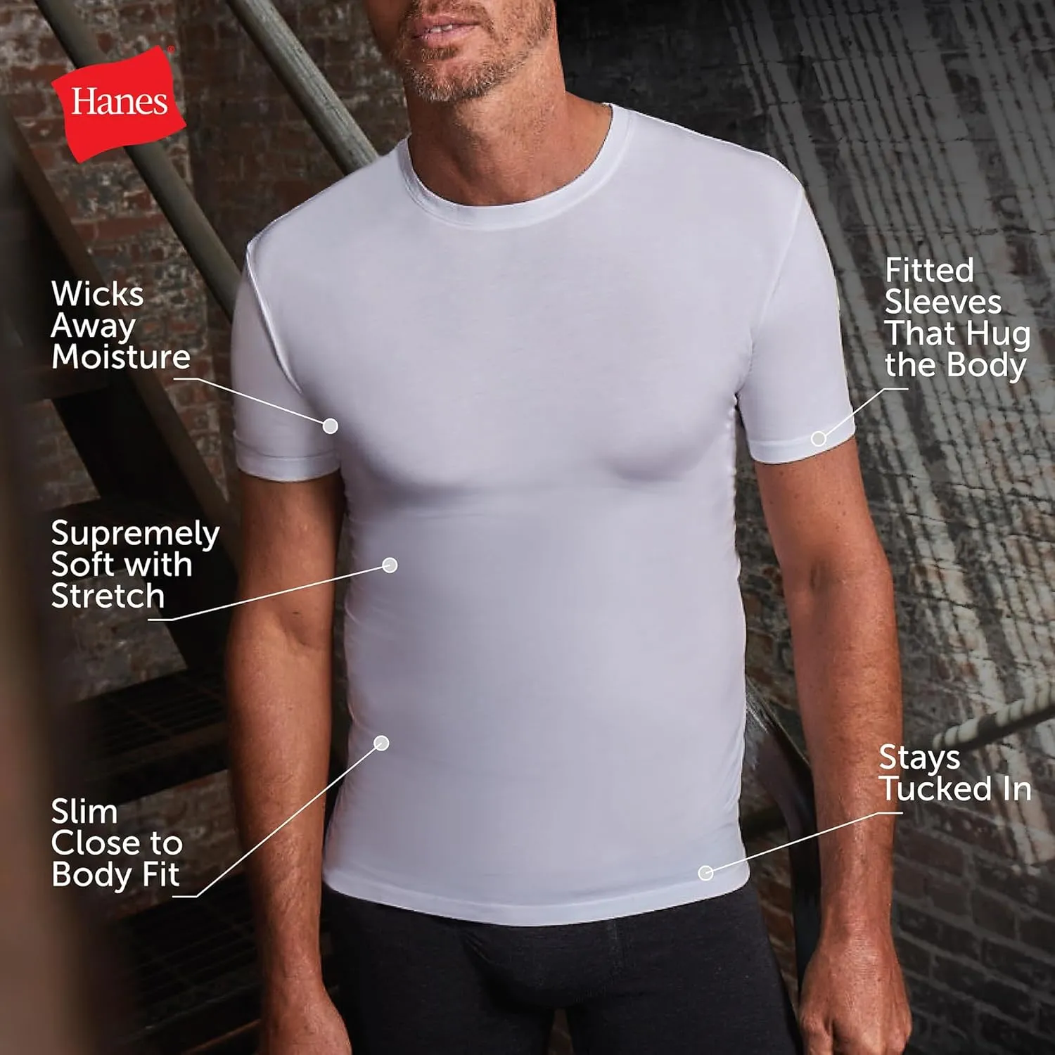 Hanes Men's Perfect Flex Crewneck Tee, 1-Pack, Stay Tucked Fitted Undershirt, Slim Fit Tight on Arms, White & Black