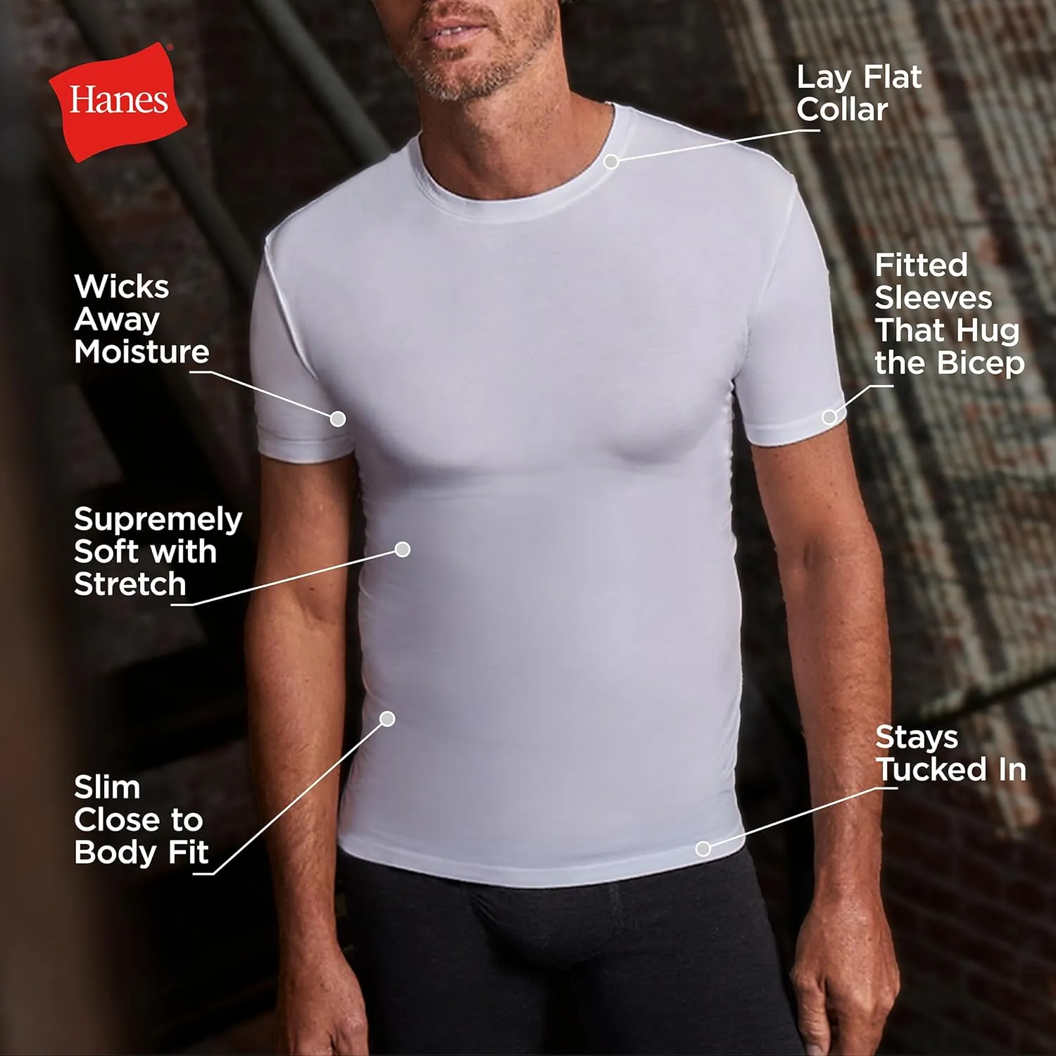 Hanes Men's Perfect Flex Crewneck Tee, 1-Pack, Stay Tucked Fitted Undershirt, Slim Fit Tight on Arms, White & Black