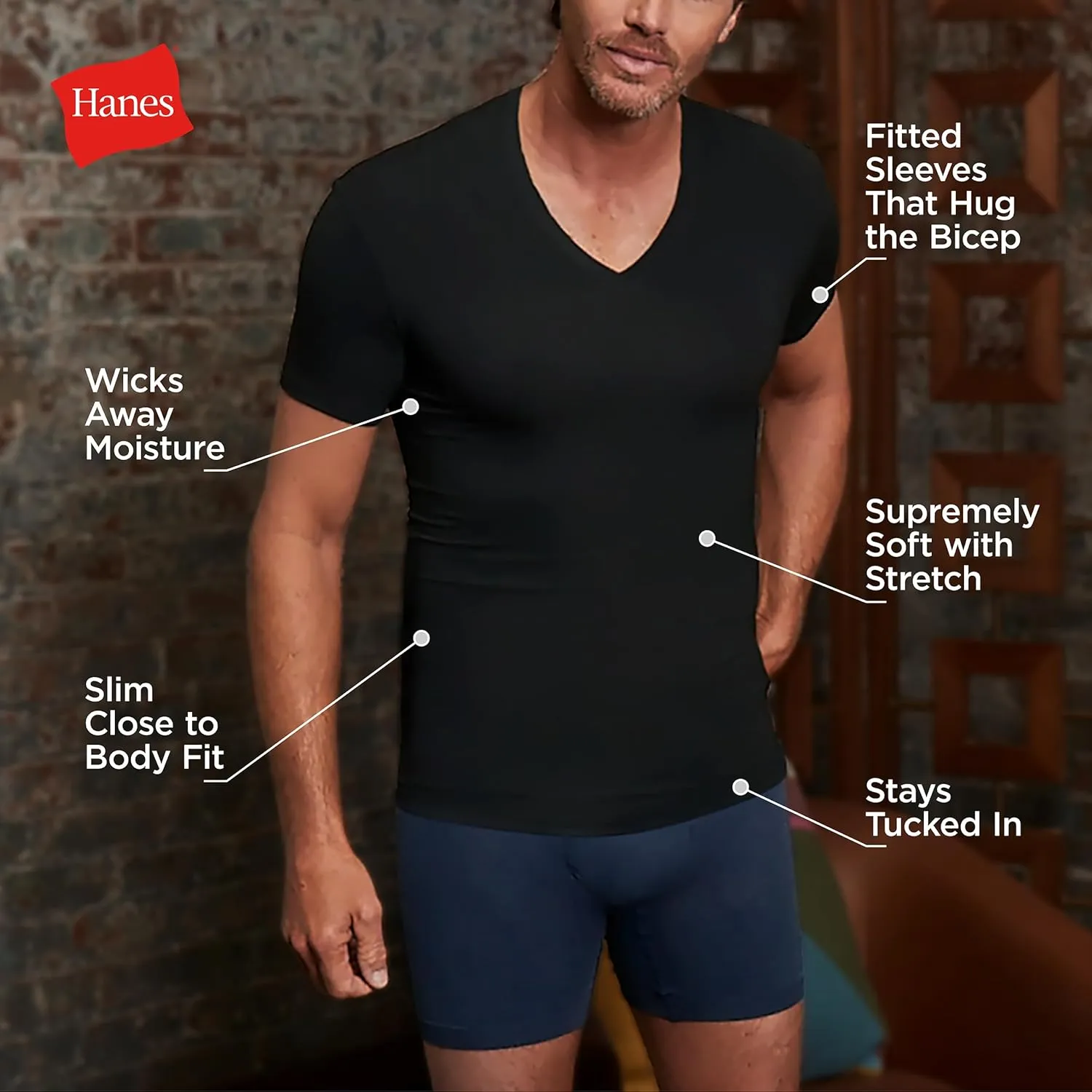 Hanes Men's Perfect Flex V-Neck Tee, 1-Pack, Stay Tucked Fitted Undershirt, Slim Fit Tight on Arms, White & Black