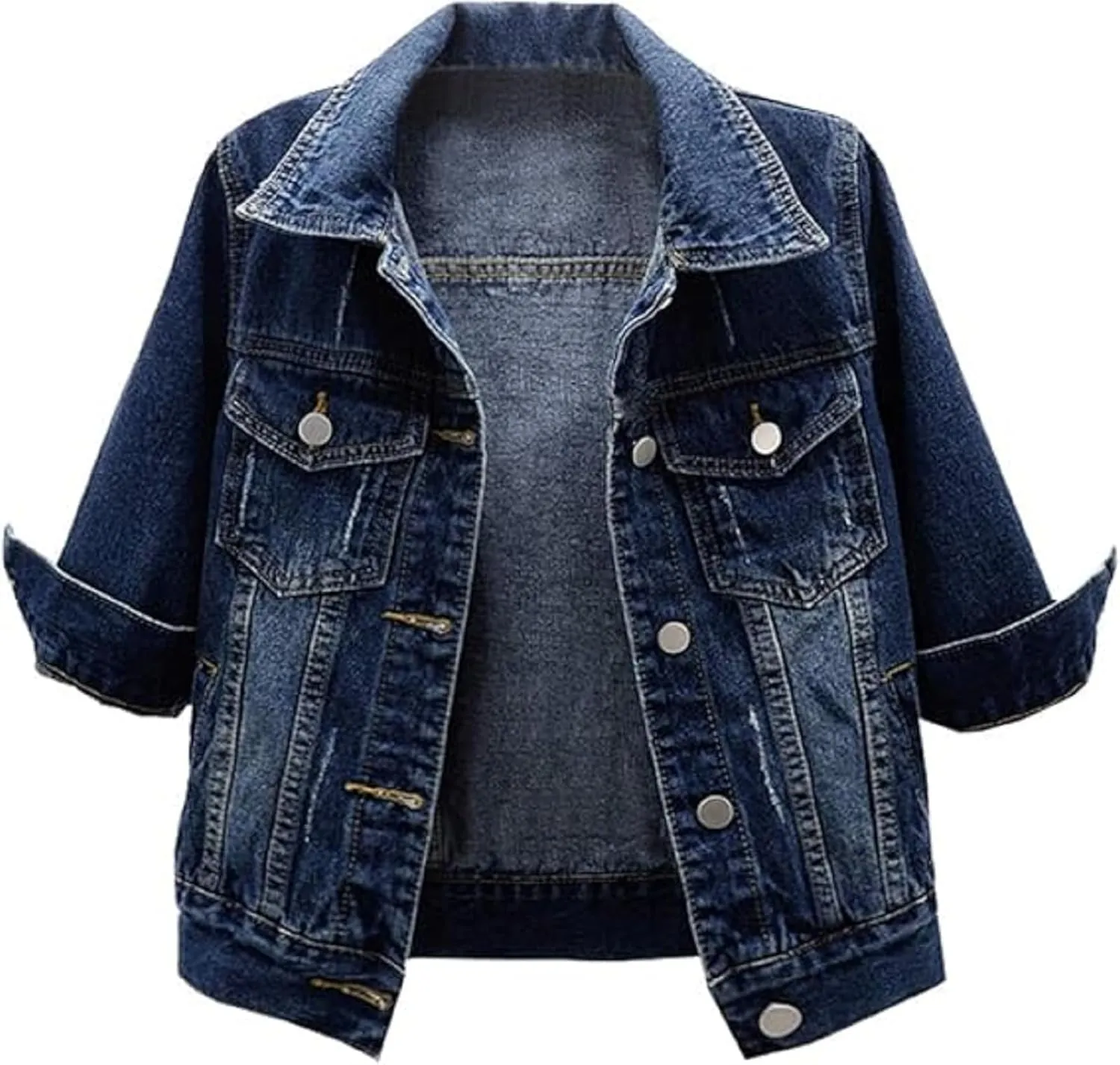 Huang's Women's Classical 3/4 Short Sleeves Button Front Light Wash Denim Jacket