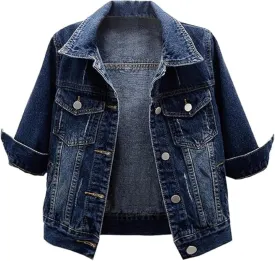 Huang's Women's Classical 3/4 Short Sleeves Button Front Light Wash Denim Jacket