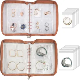 Jewelry Storage Book Transparent Earring Organizer Case travel jewelry organizer case for Earrings Necklace Bracelet Ring, Light Brown