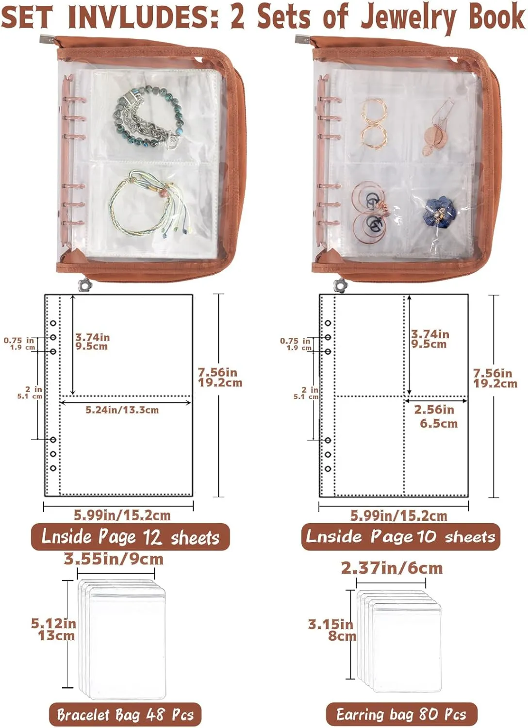 Jewelry Storage Book Transparent Earring Organizer Case travel jewelry organizer case for Earrings Necklace Bracelet Ring, Light Brown