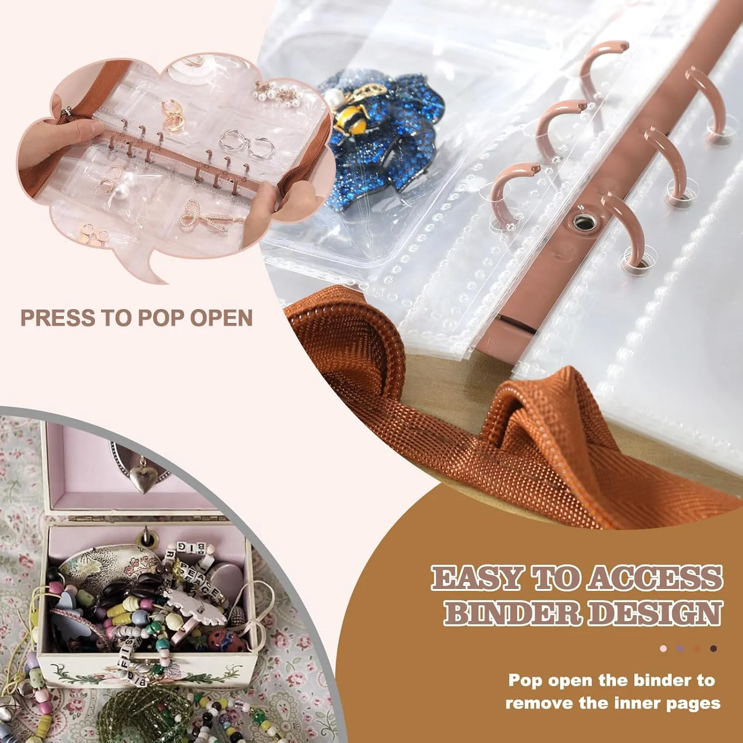 Jewelry Storage Book Transparent Earring Organizer Case travel jewelry organizer case for Earrings Necklace Bracelet Ring, Light Brown