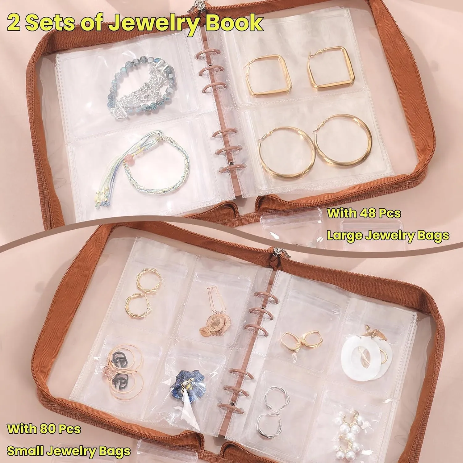 Jewelry Storage Book Transparent Earring Organizer Case travel jewelry organizer case for Earrings Necklace Bracelet Ring, Light Brown