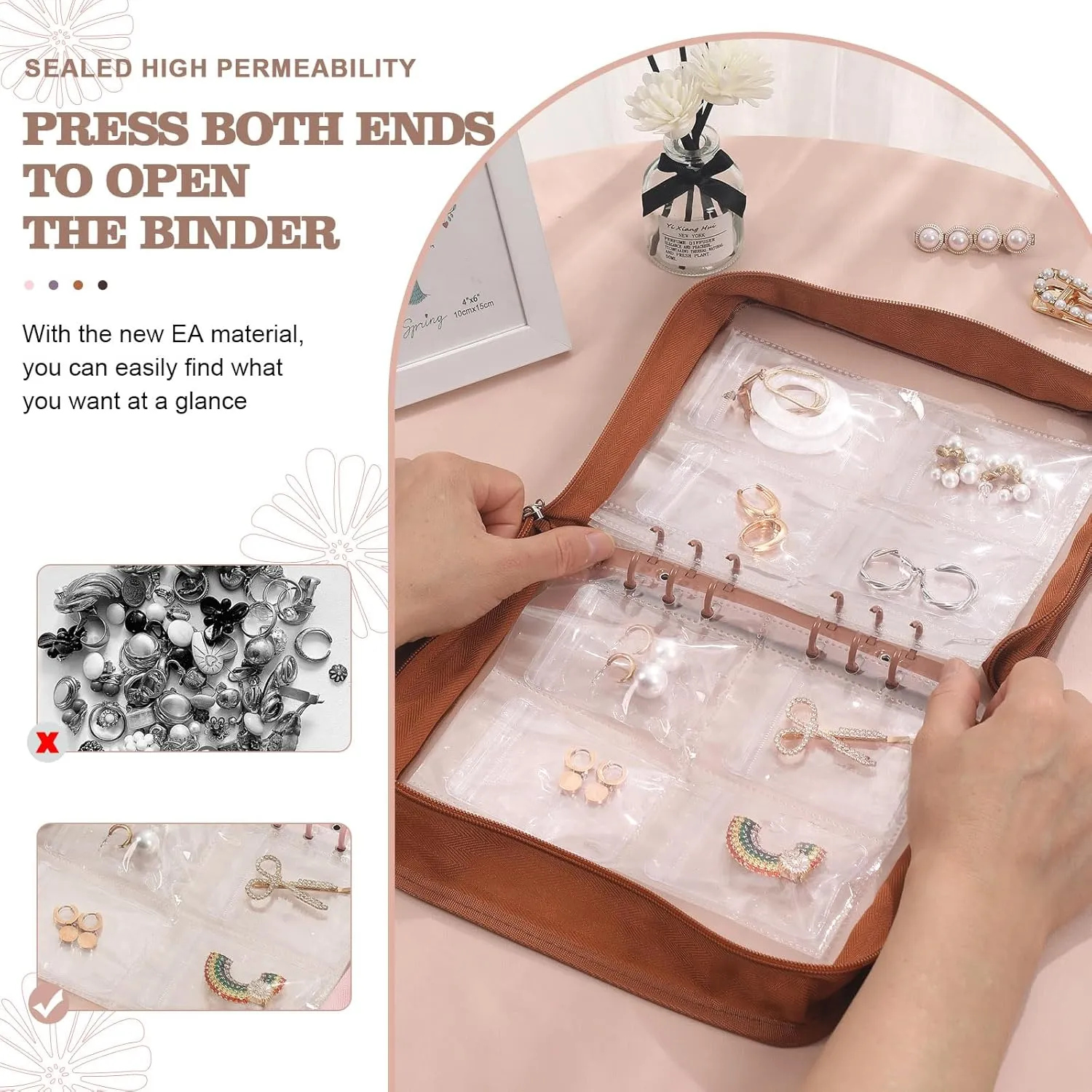 Jewelry Storage Book Transparent Earring Organizer Case travel jewelry organizer case for Earrings Necklace Bracelet Ring, Light Brown