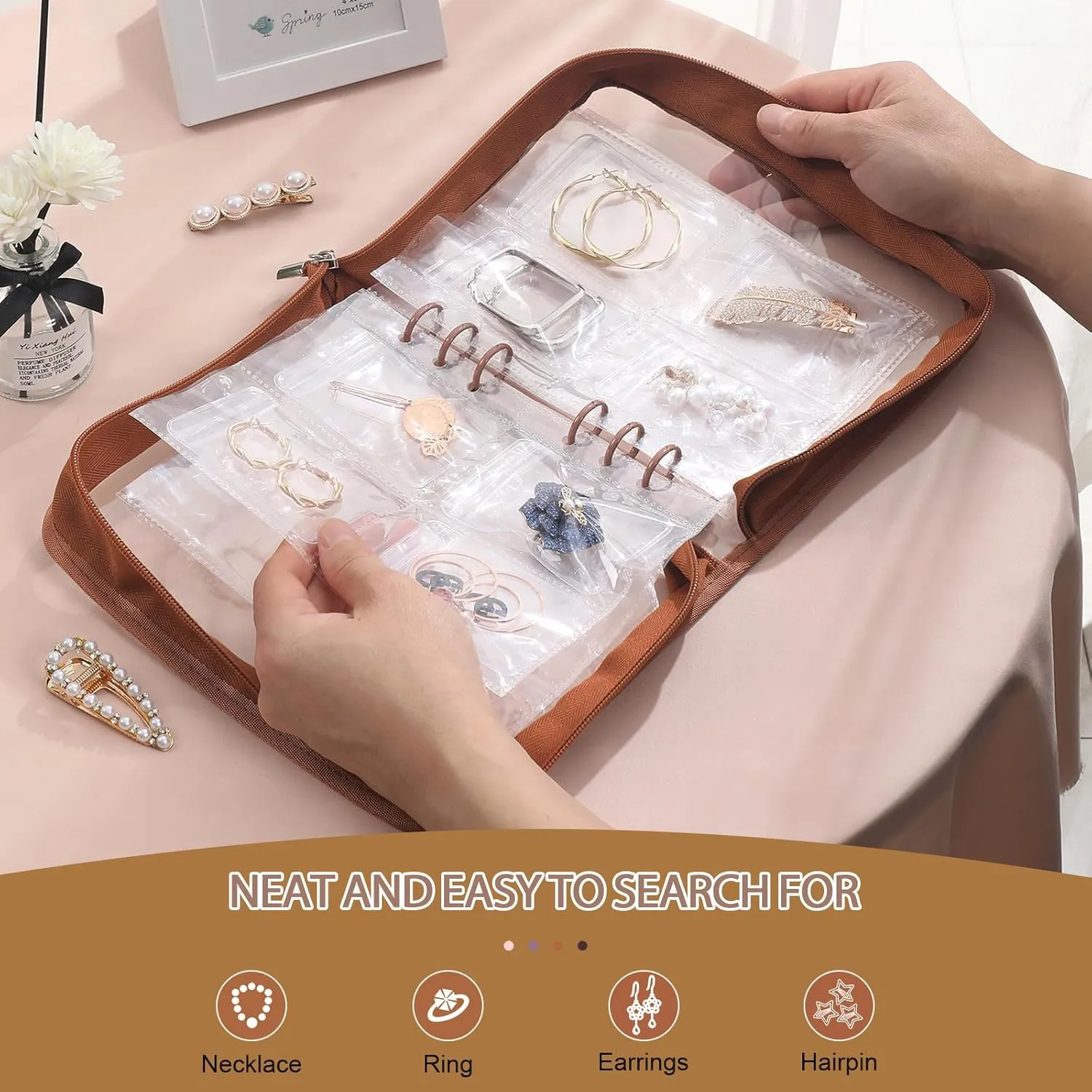 Jewelry Storage Book Transparent Earring Organizer Case travel jewelry organizer case for Earrings Necklace Bracelet Ring, Light Brown
