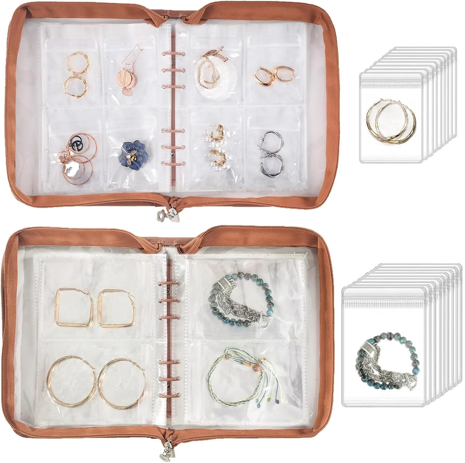 Jewelry Storage Book Transparent Earring Organizer Case travel jewelry organizer case for Earrings Necklace Bracelet Ring, Light Brown