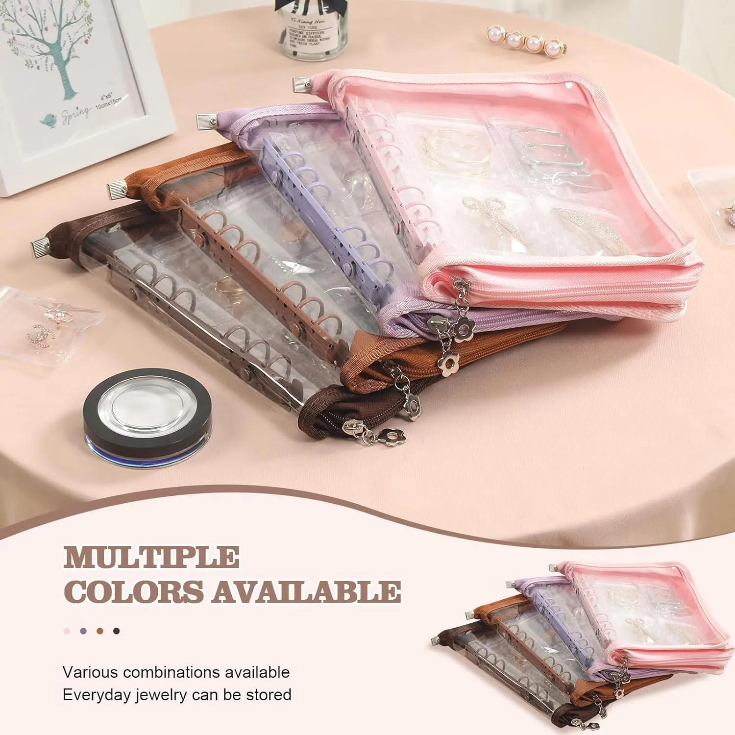 Jewelry Storage Book Transparent Earring Organizer Case travel jewelry organizer case for Earrings Necklace Bracelet Ring, Light Brown