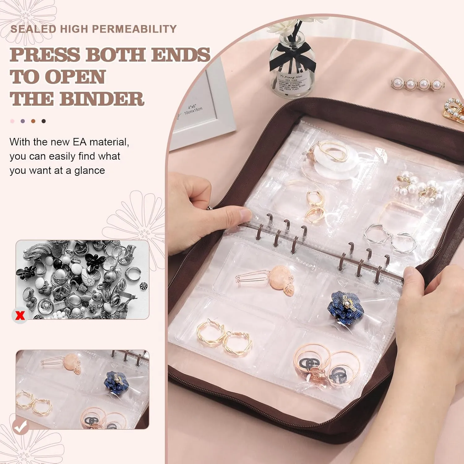 Jewelry Storage Book Transparent Earring Organizer Travel Jewelry Organizer Book for Earrings Necklace Bracelet Ring with Clear Zippered Pouch, Brown