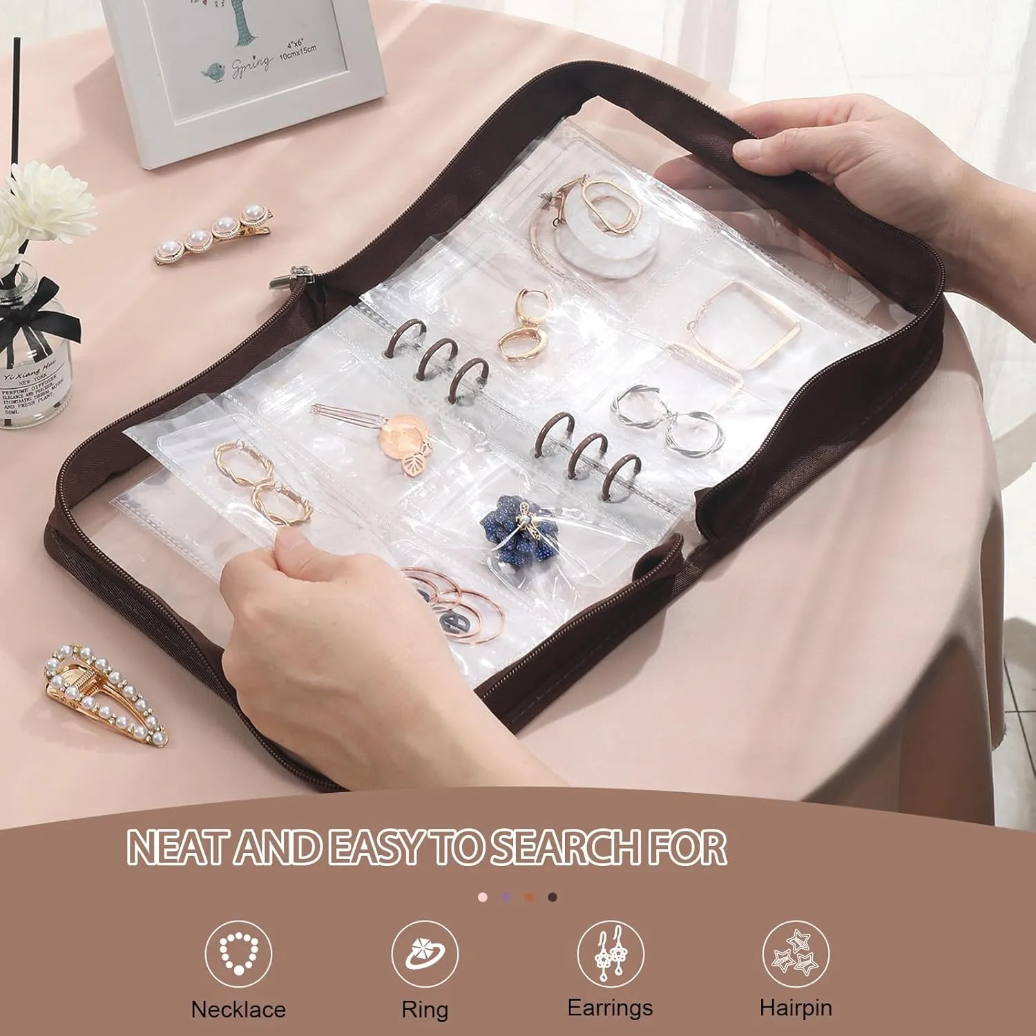 Jewelry Storage Book Transparent Earring Organizer Travel Jewelry Organizer Book for Earrings Necklace Bracelet Ring with Clear Zippered Pouch, Brown