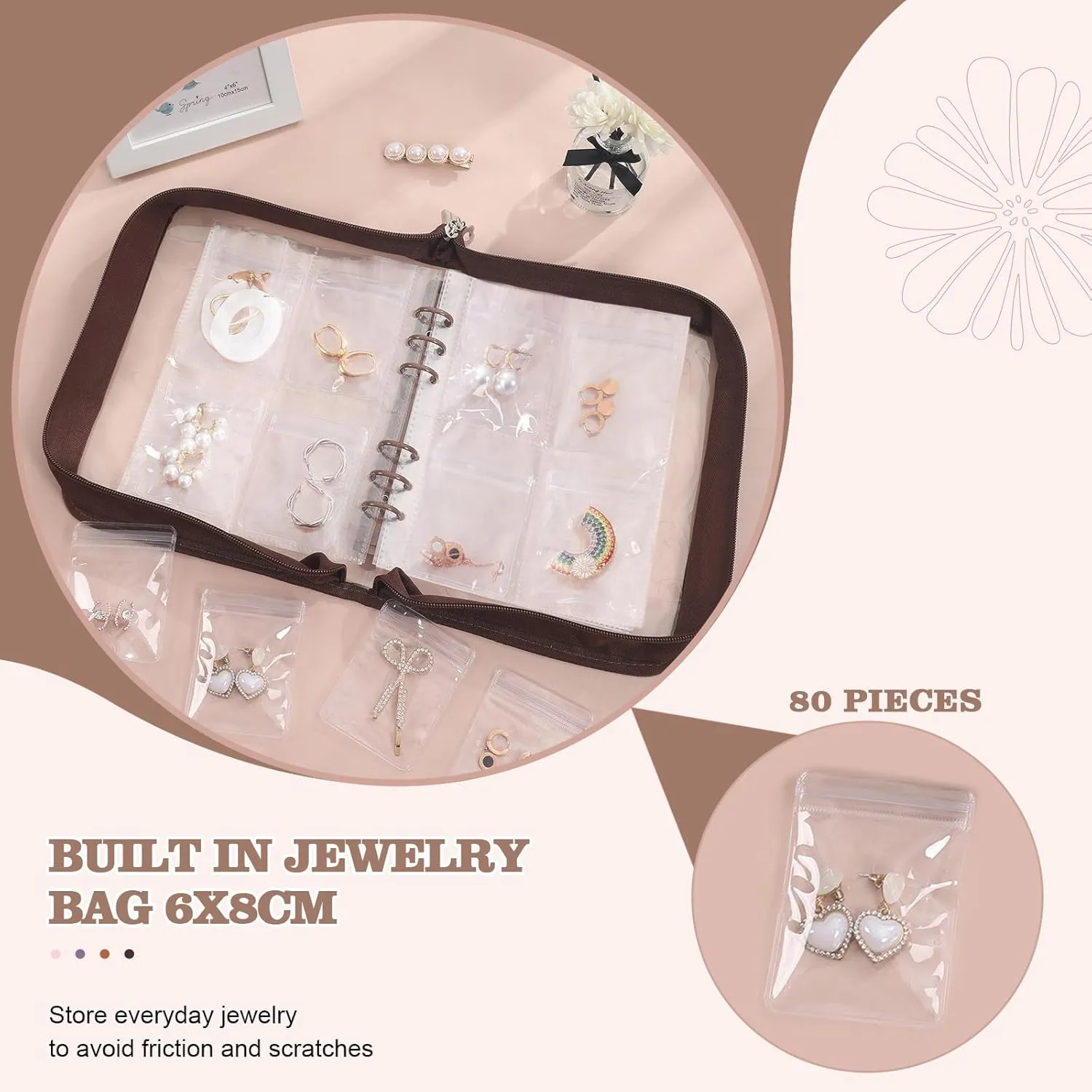 Jewelry Storage Book Transparent Earring Organizer Travel Jewelry Organizer Book for Earrings Necklace Bracelet Ring with Clear Zippered Pouch, Brown