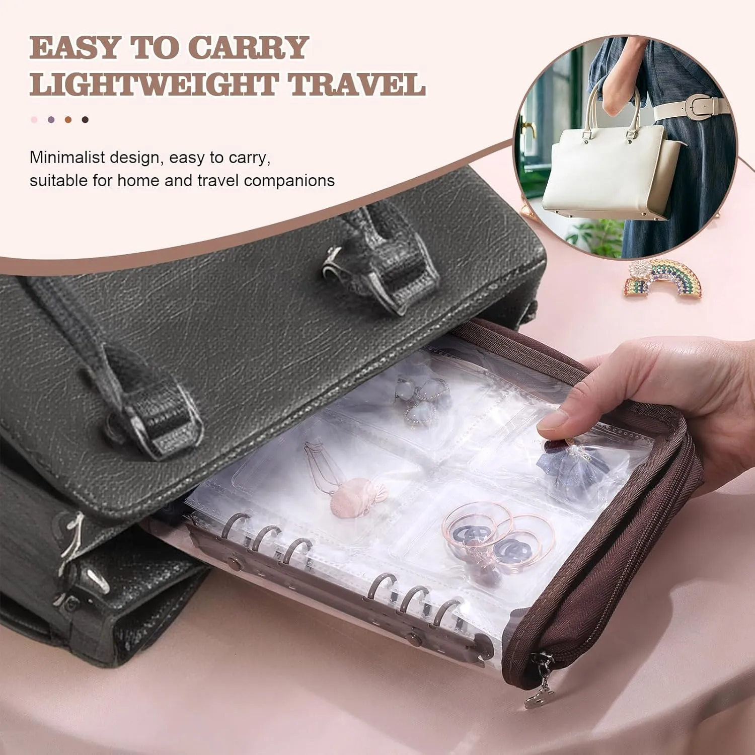 Jewelry Storage Book Transparent Earring Organizer Travel Jewelry Organizer Book for Earrings Necklace Bracelet Ring with Clear Zippered Pouch, Brown