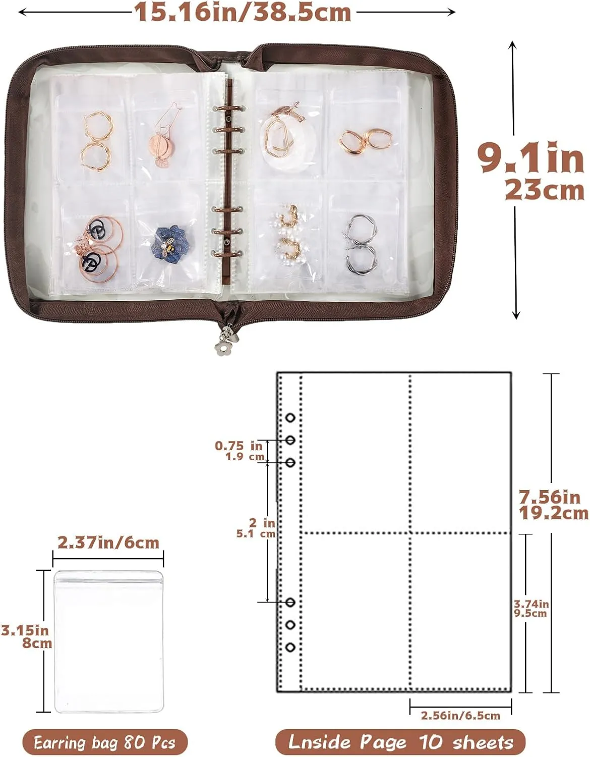 Jewelry Storage Book Transparent Earring Organizer Travel Jewelry Organizer Book for Earrings Necklace Bracelet Ring with Clear Zippered Pouch, Brown