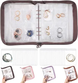 Jewelry Storage Book Transparent Earring Organizer Travel Jewelry Organizer Book for Earrings Necklace Bracelet Ring with Clear Zippered Pouch, Brown