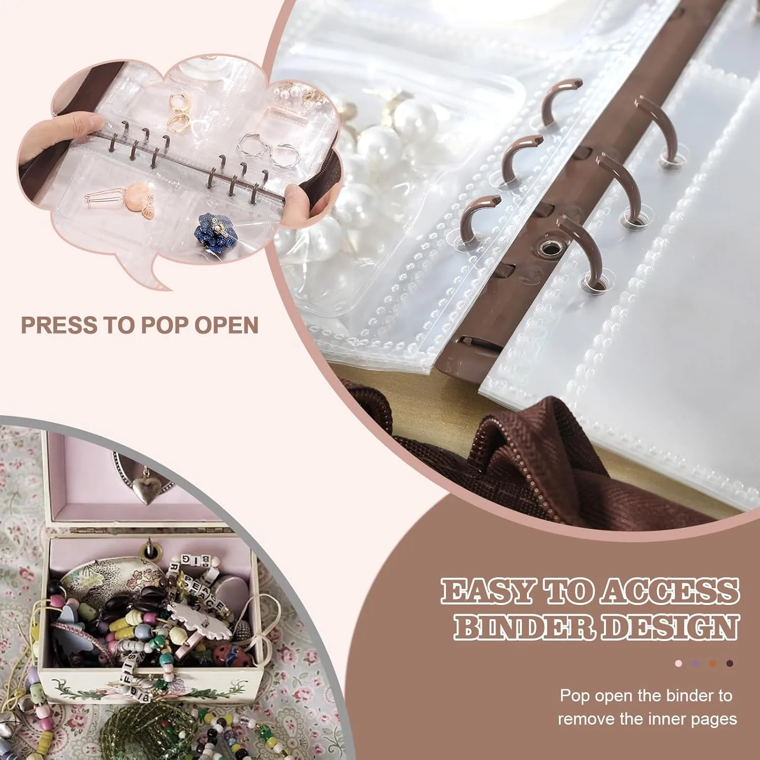 Jewelry Storage Book Transparent Earring Organizer Travel Jewelry Organizer Book for Earrings Necklace Bracelet Ring with Clear Zippered Pouch, Brown