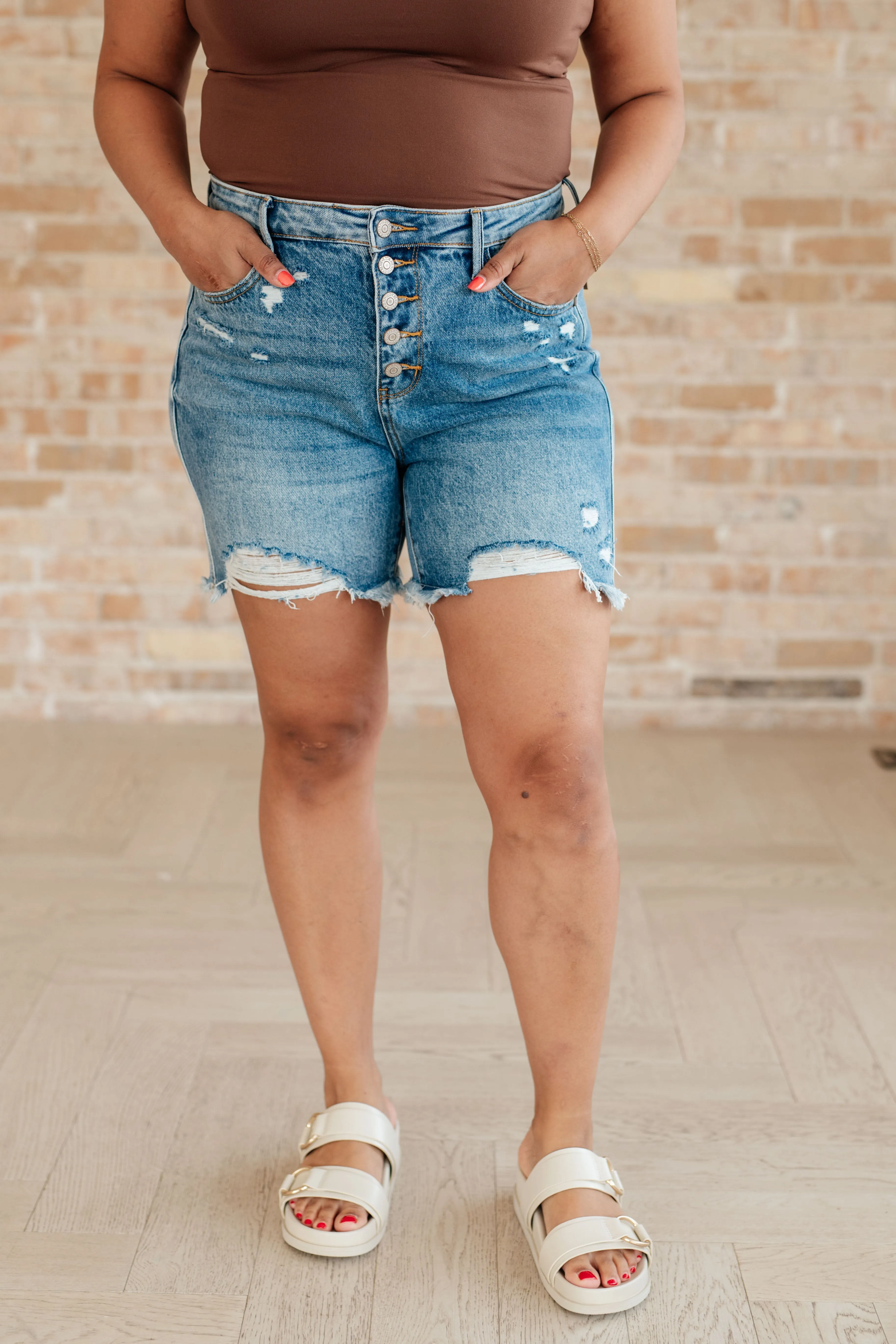 Judy Blue High Rise Rigid Magic Button Fly Cutoff Shorts 150253