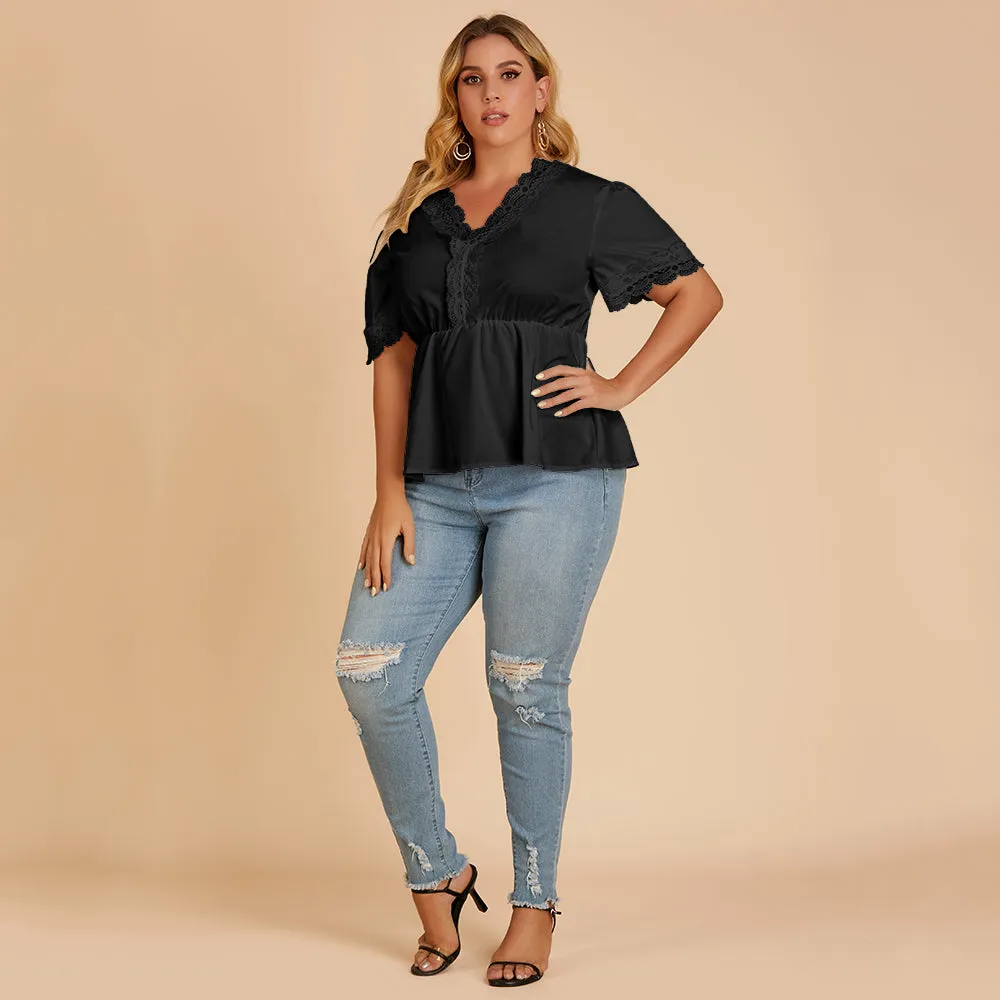 KittenAlarm - Plus size women's T-shirt lace stitching V-neck blouse with short sleeves