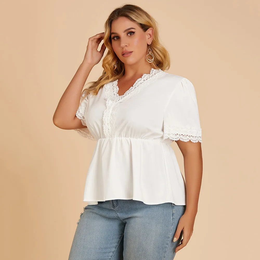 KittenAlarm - Plus size women's T-shirt lace stitching V-neck blouse with short sleeves