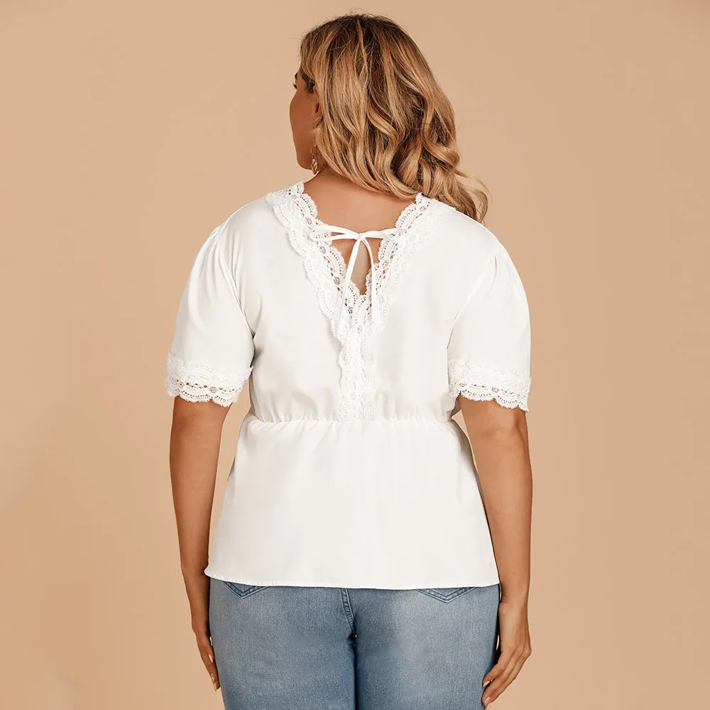 KittenAlarm - Plus size women's T-shirt lace stitching V-neck blouse with short sleeves