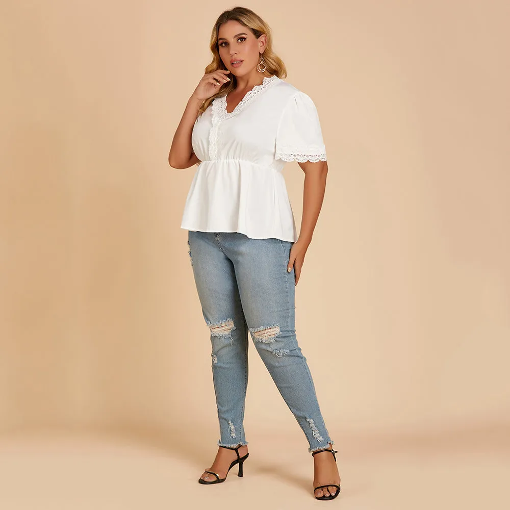 KittenAlarm - Plus size women's T-shirt lace stitching V-neck blouse with short sleeves