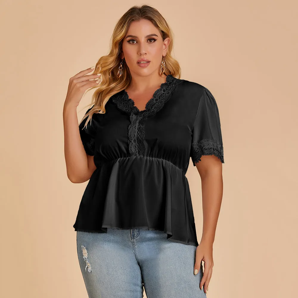 KittenAlarm - Plus size women's T-shirt lace stitching V-neck blouse with short sleeves