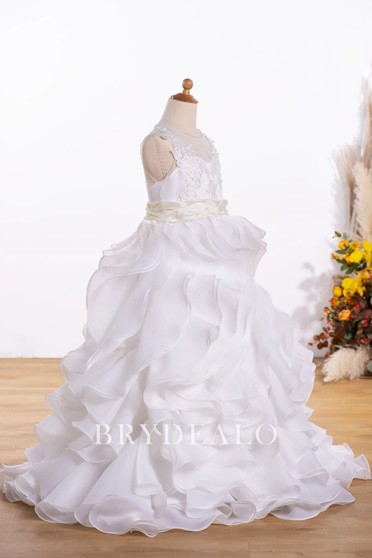 Lace Pearls Princess Long Ruffled Flower Girl Wedding Ball Gown