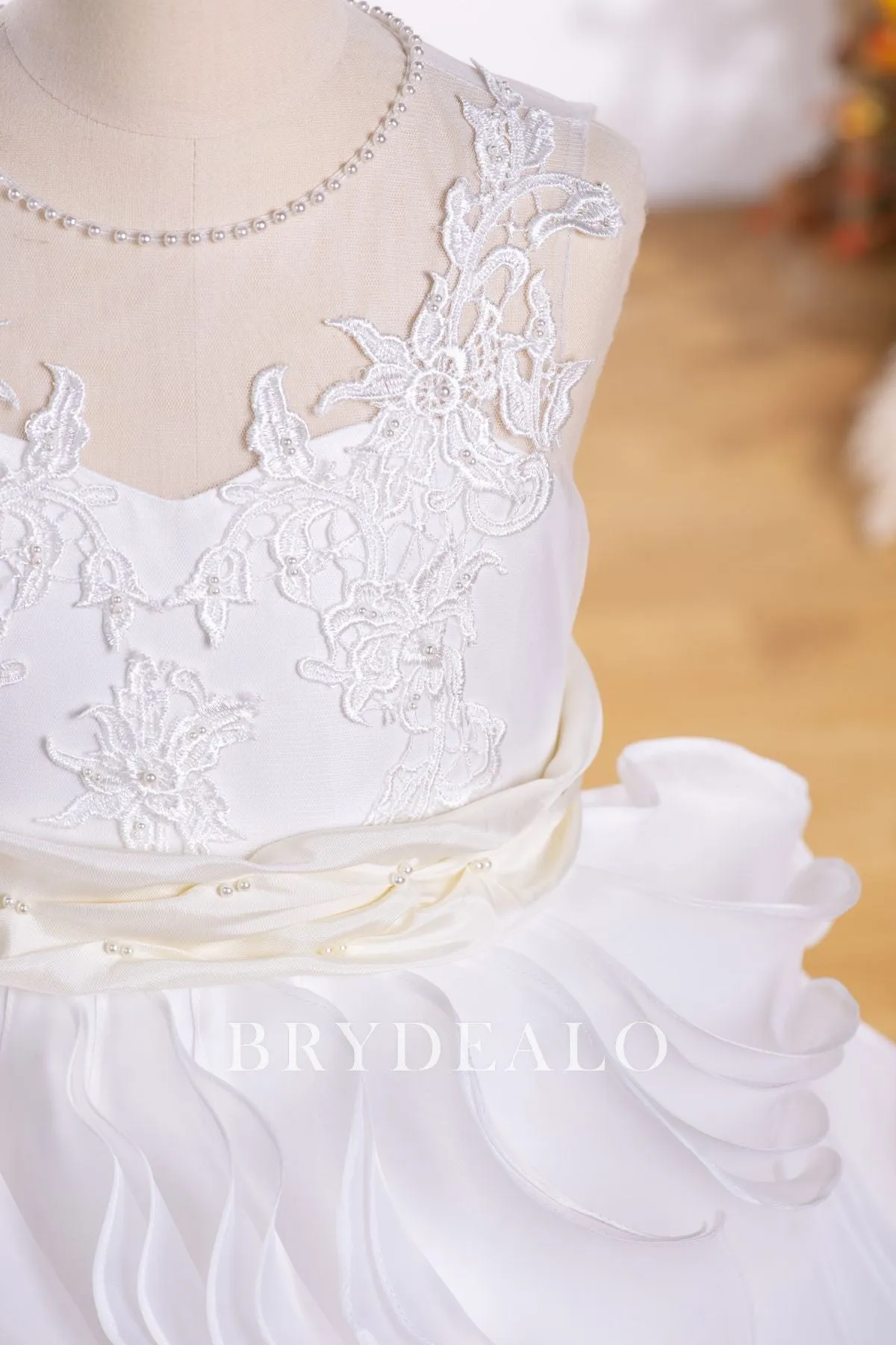 Lace Pearls Princess Long Ruffled Flower Girl Wedding Ball Gown