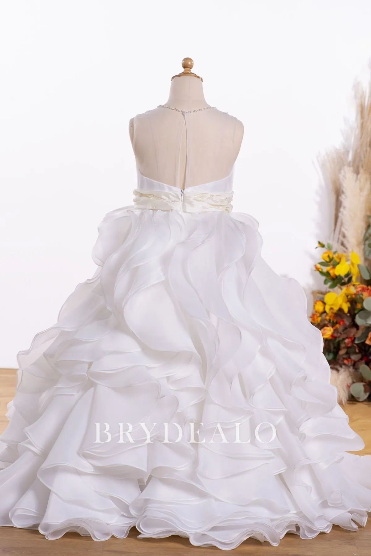 Lace Pearls Princess Long Ruffled Flower Girl Wedding Ball Gown