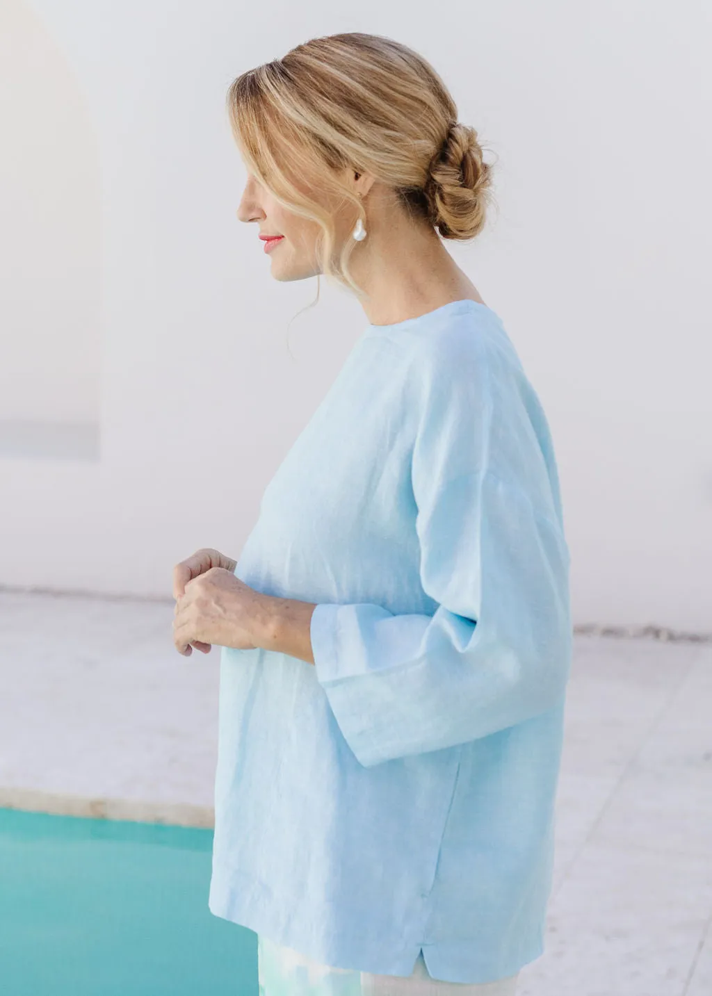 Linen 3/4 Sleeve Top With Pockets Aqua