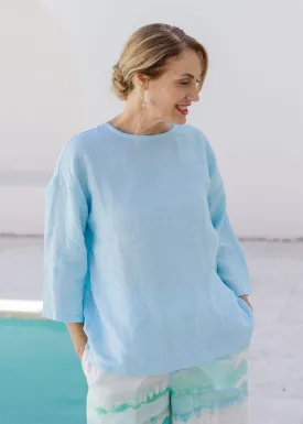 Linen 3/4 Sleeve Top With Pockets Aqua