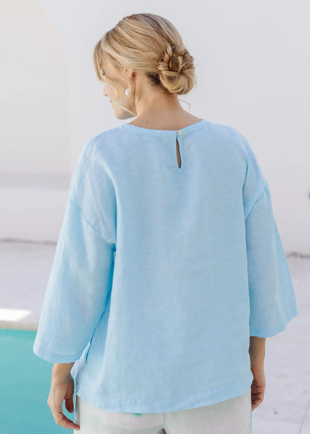 Linen 3/4 Sleeve Top With Pockets Aqua