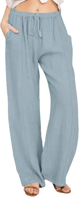 Linen Pants for Women Summer Solid Elastic Waist Wide Leg Loose Casual Vacation Beach Palazzo Pants with Pockets
